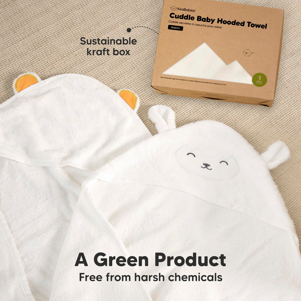 KeaBabies hooded towel machine-washable and dryer-friendly feature visible for busy parents.