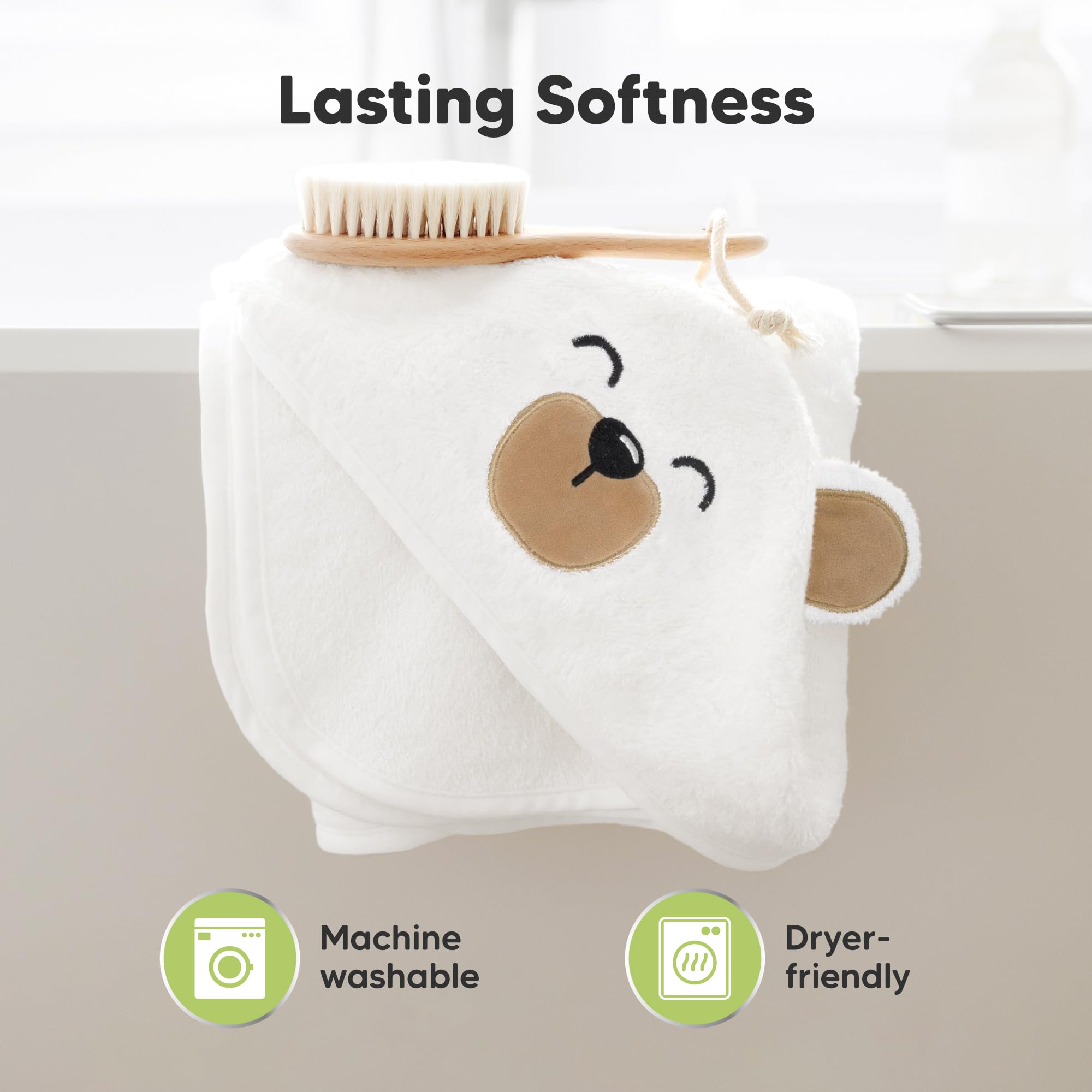 KeaBabies hooded towel grizzly image shows durable, long-lasting towel through washes.