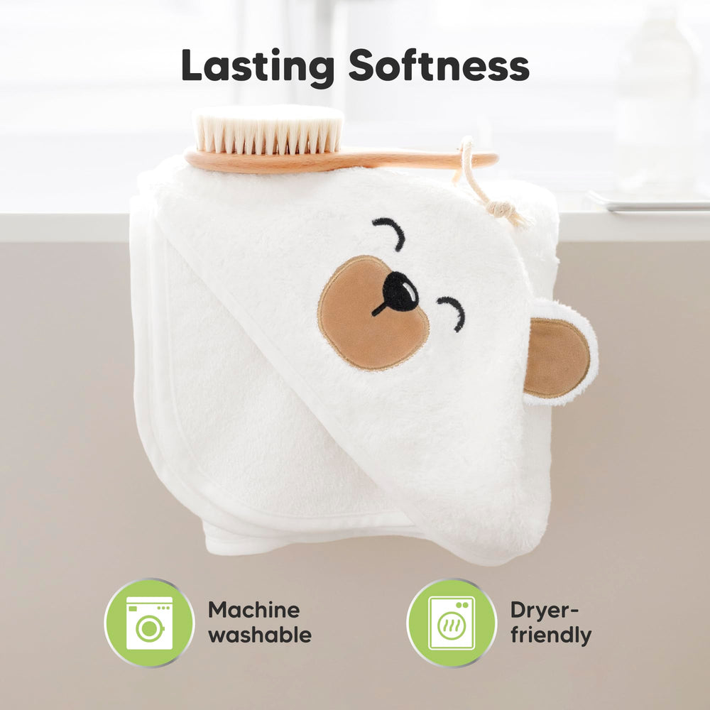 KeaBabies hooded towel grizzly image shows durable, long-lasting towel through washes.