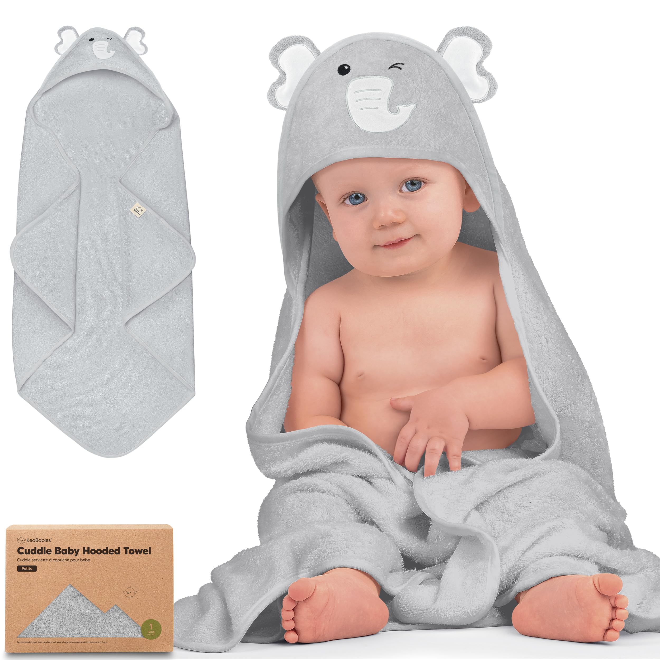 KeaBabies hooded towel for newborn with elephant design dries baby gently after bath
