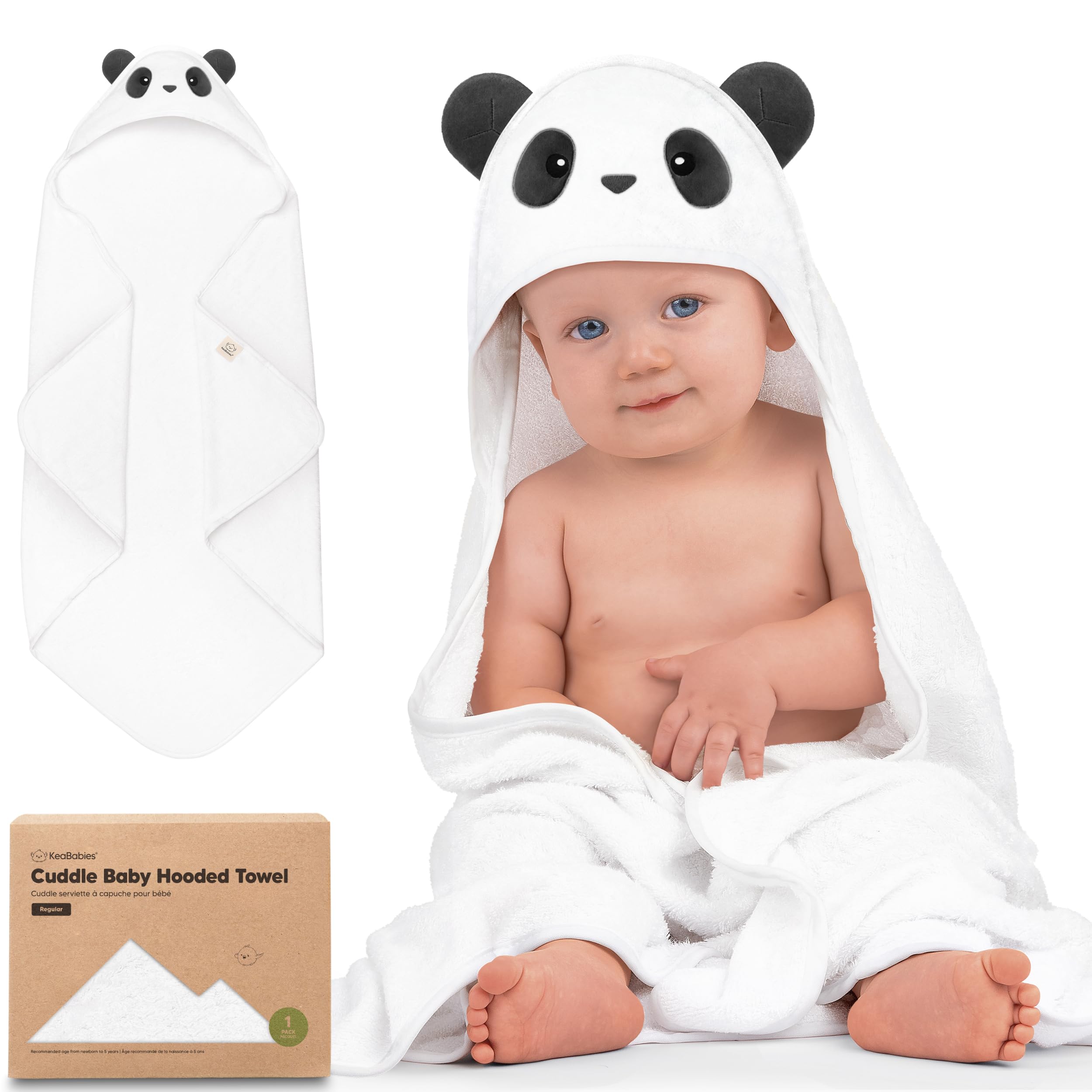 KeaBabies hooded towel panda close-up shows ultra-soft bamboo-viscose fabric for gentle drying.
