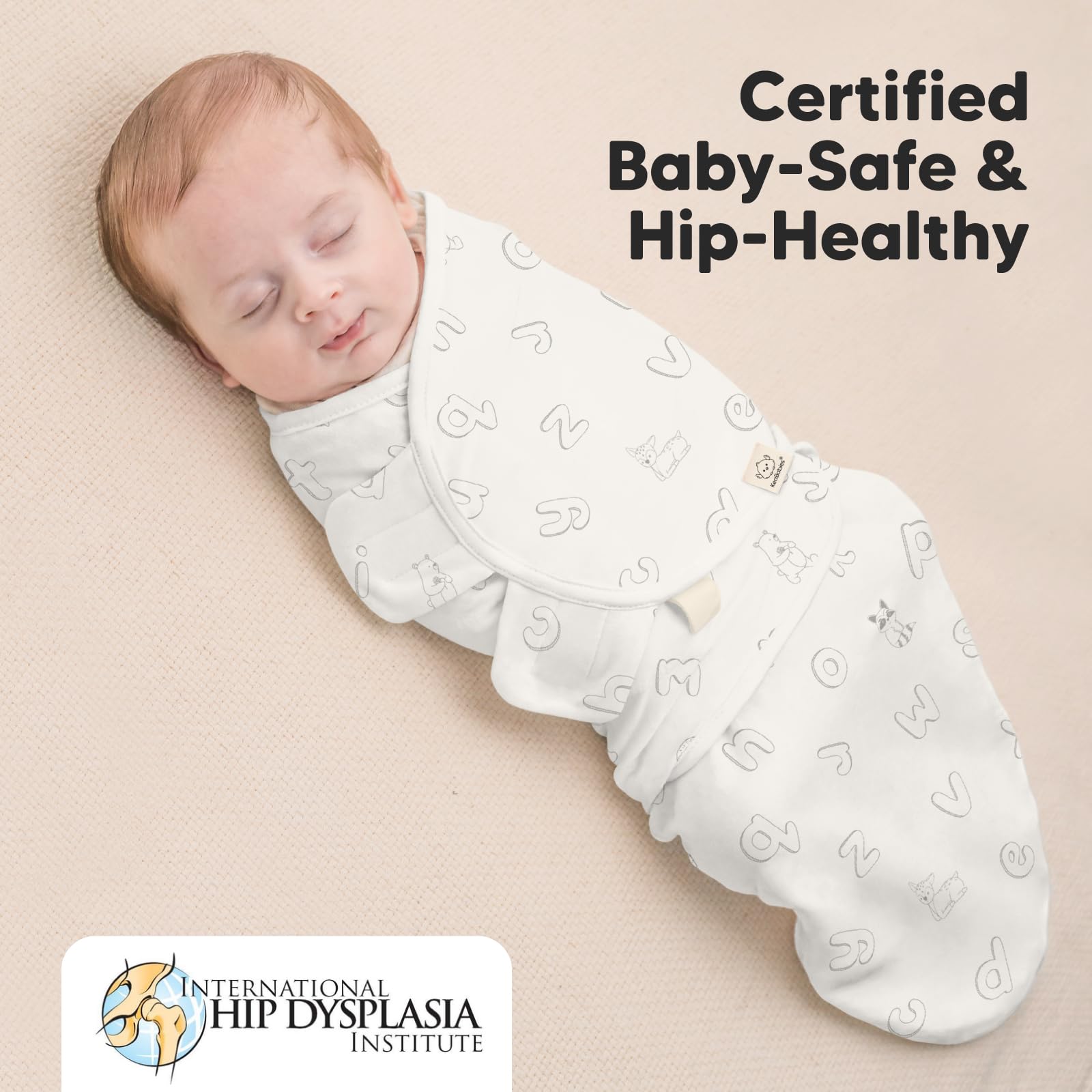 KeaBabies hip-healthy certification badge visible, supporting ergonomic design for infant hip development.