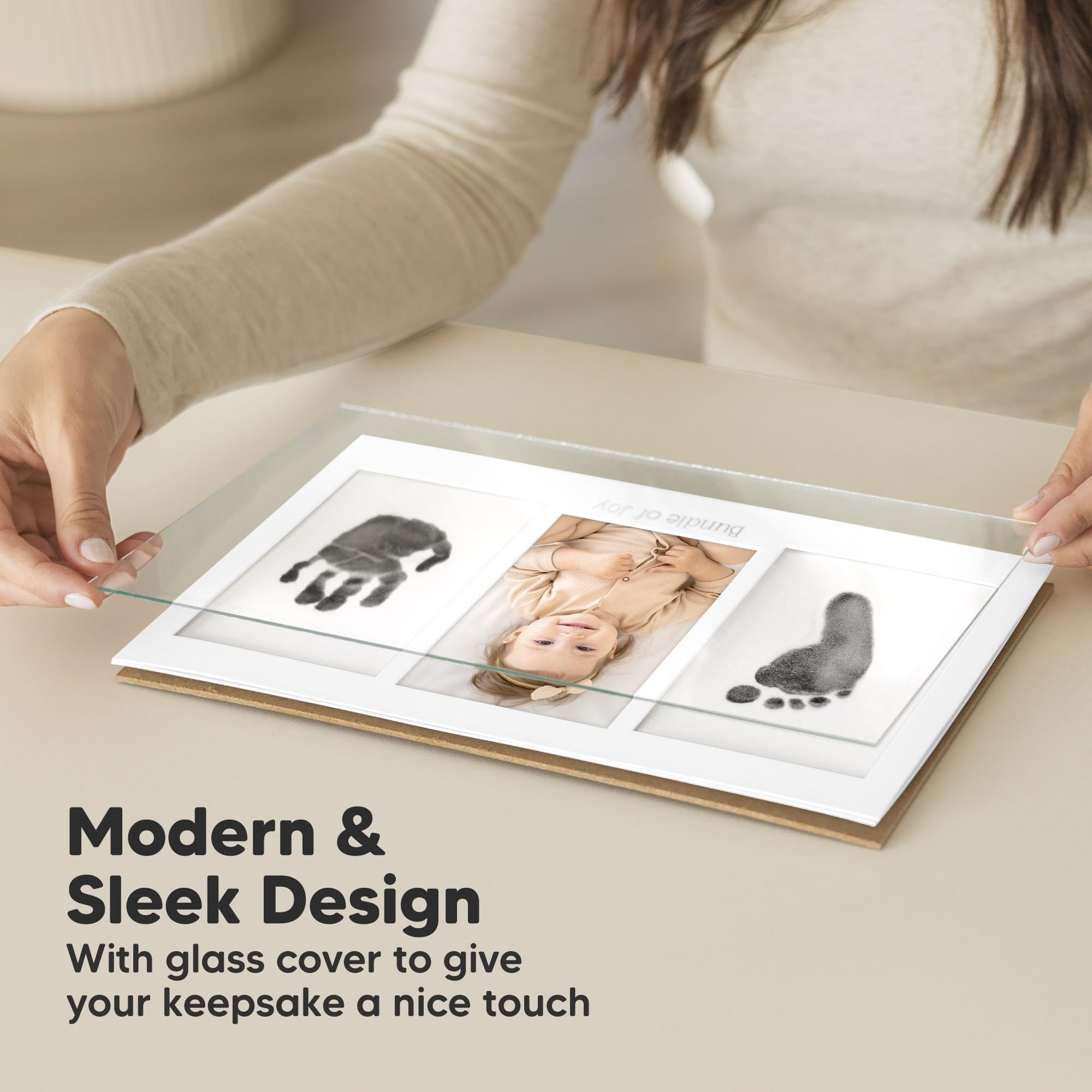 KeaBabies frame closeup displays clear glass and wood frame