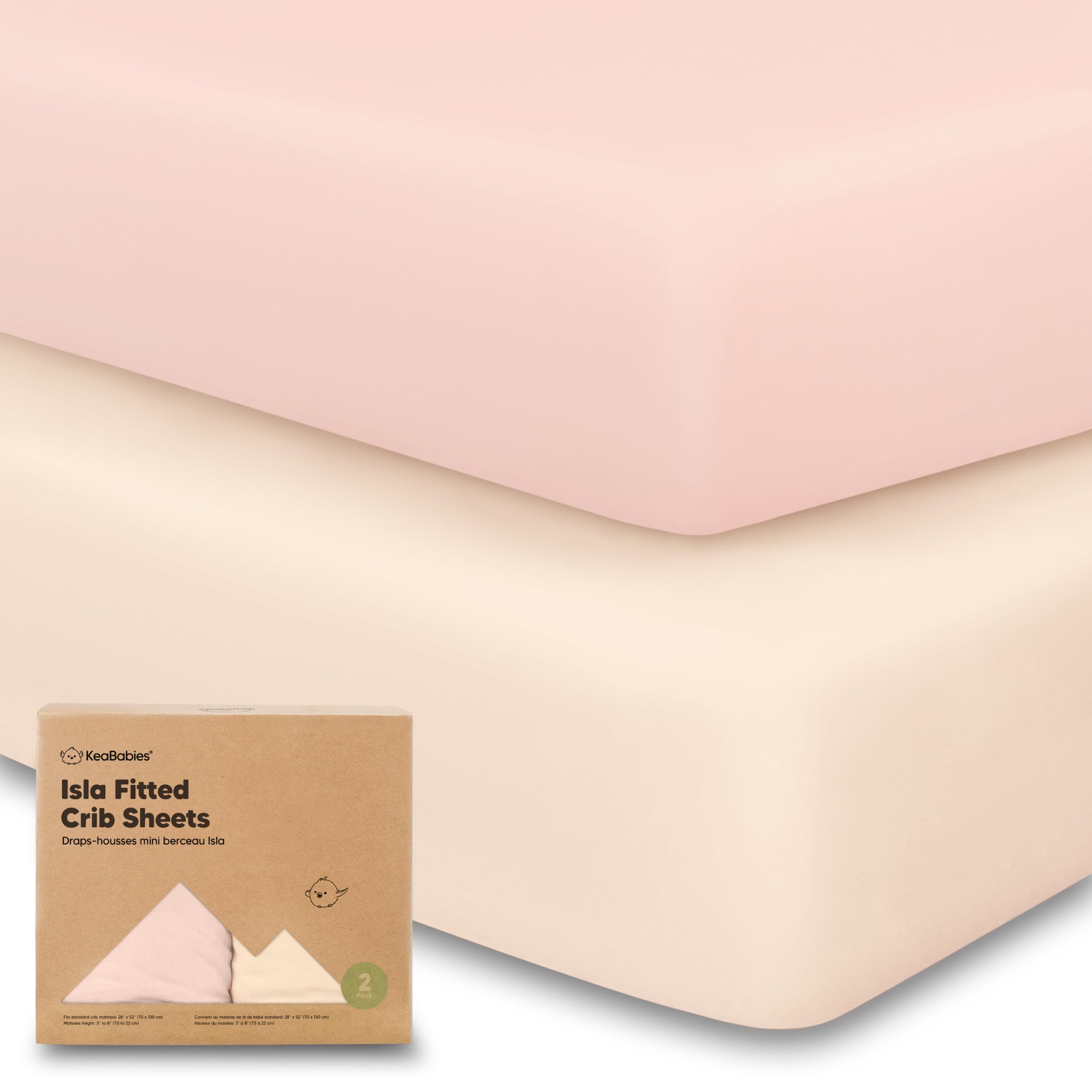 KeaBabies Isla fitted crib sheet shows 52x28 size for secure crib fit.