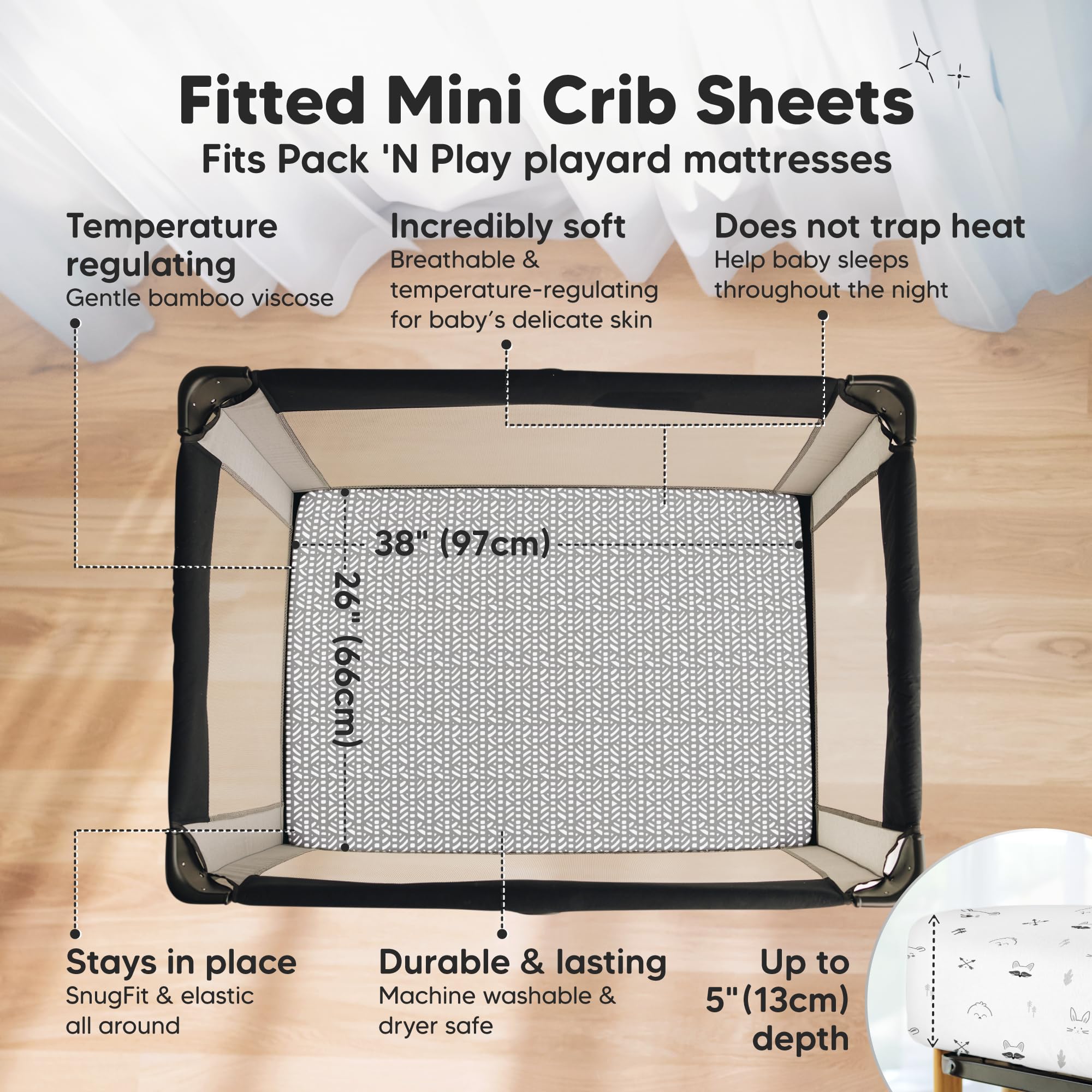 KeaBabies Isla mini-crib-sheets bamboo fabric closeup highlights gentle, skin-friendly comfort.