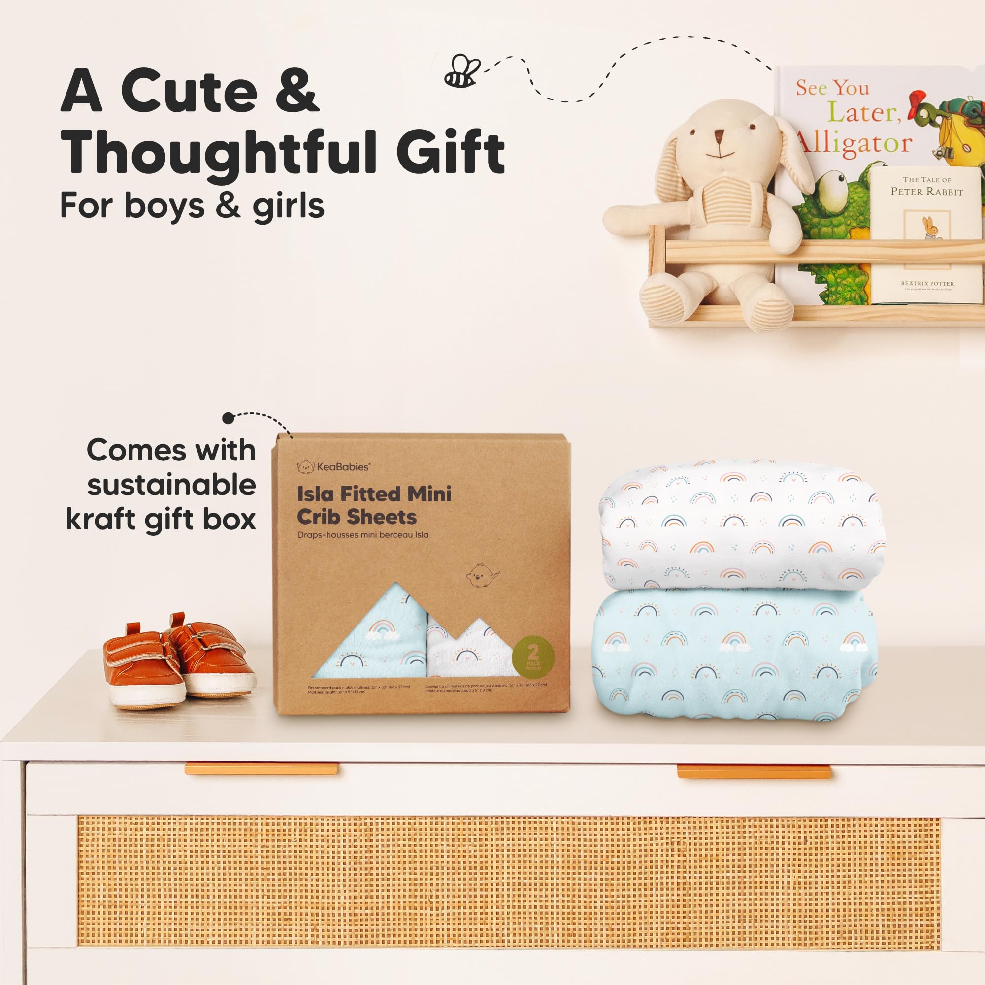 KeaBabies jolly rainbow design conveys cheerful, versatile toddler bedding.