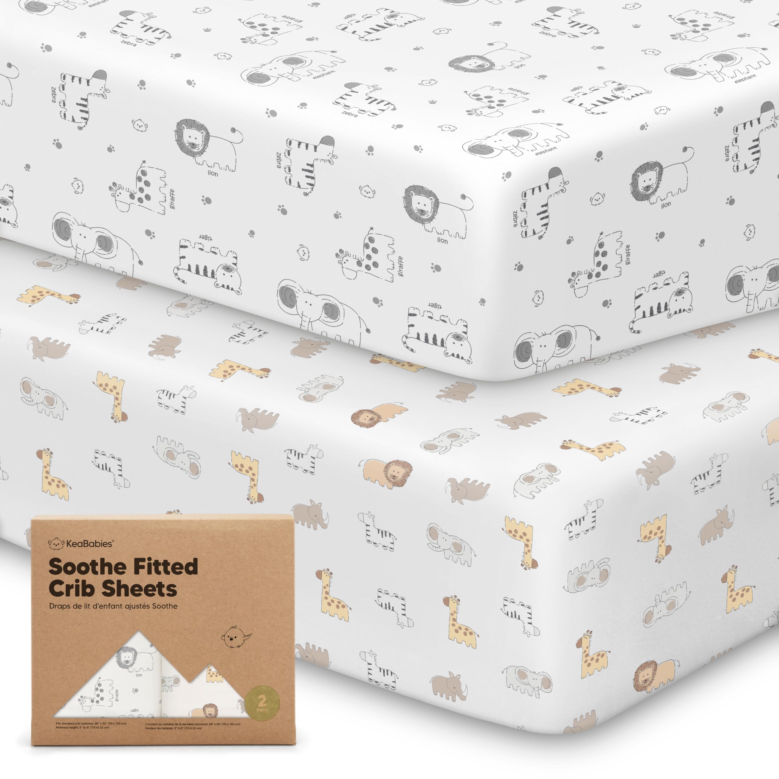 KeaBabies KeaSafari 2-pack box view shows convenient crib sheets for easy nursery stocking.
