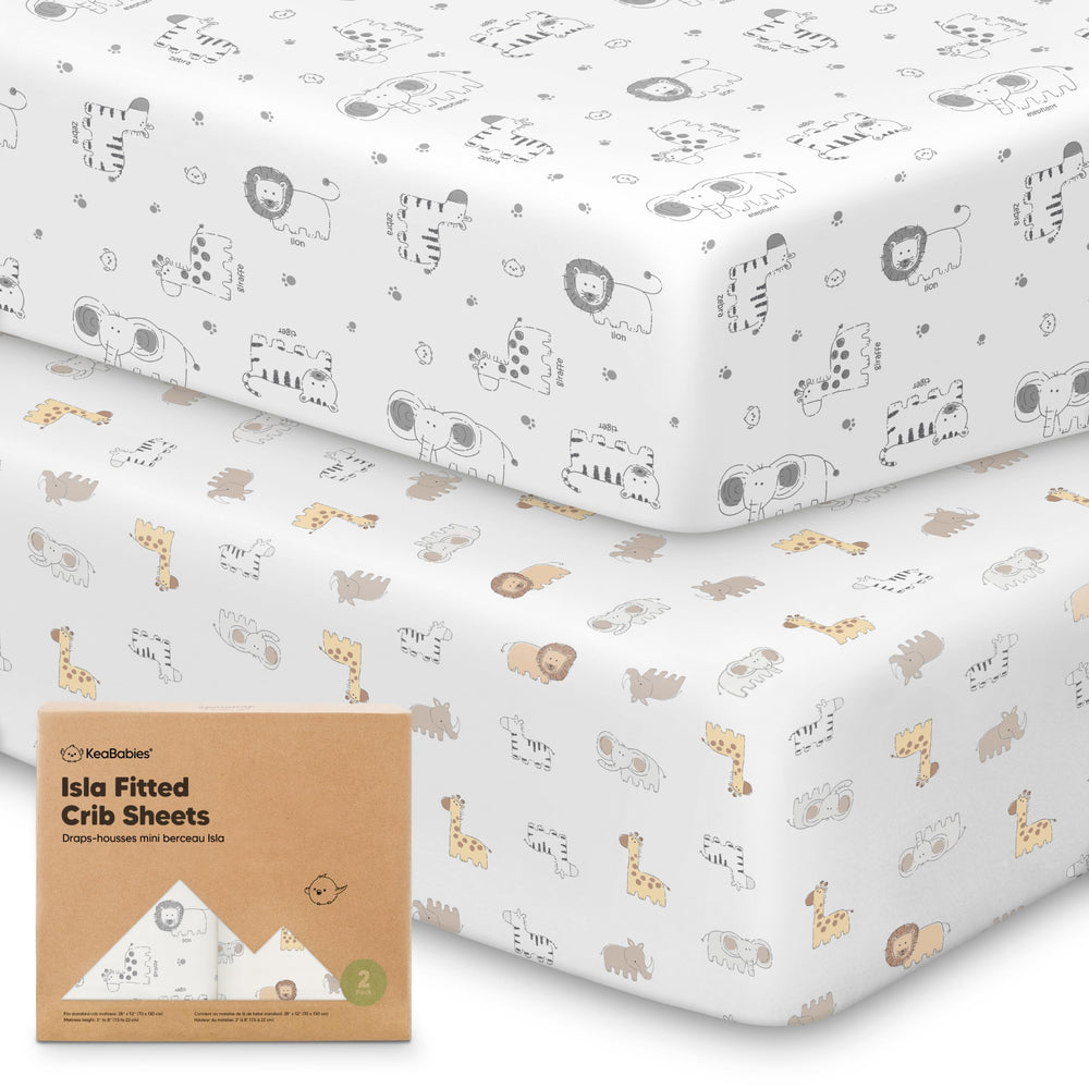 KeaBabies KeaSafari 2-pack sheets flatlay show soft bamboo fabric for gentle sleep.
