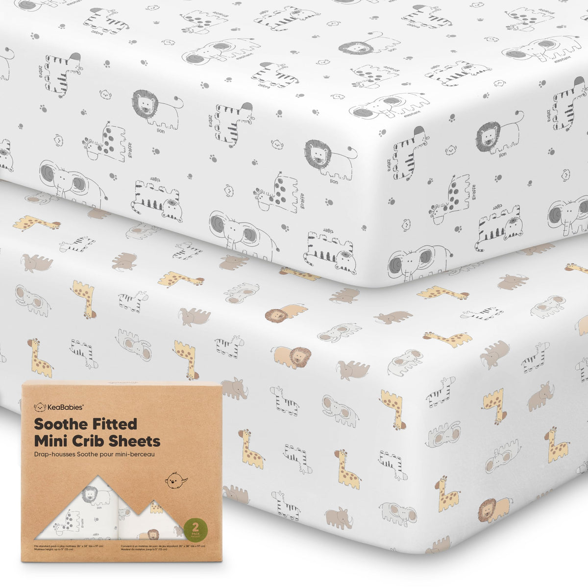 KeaBabies KeaSafari mini crib sheets package top view showing two-pack convenience