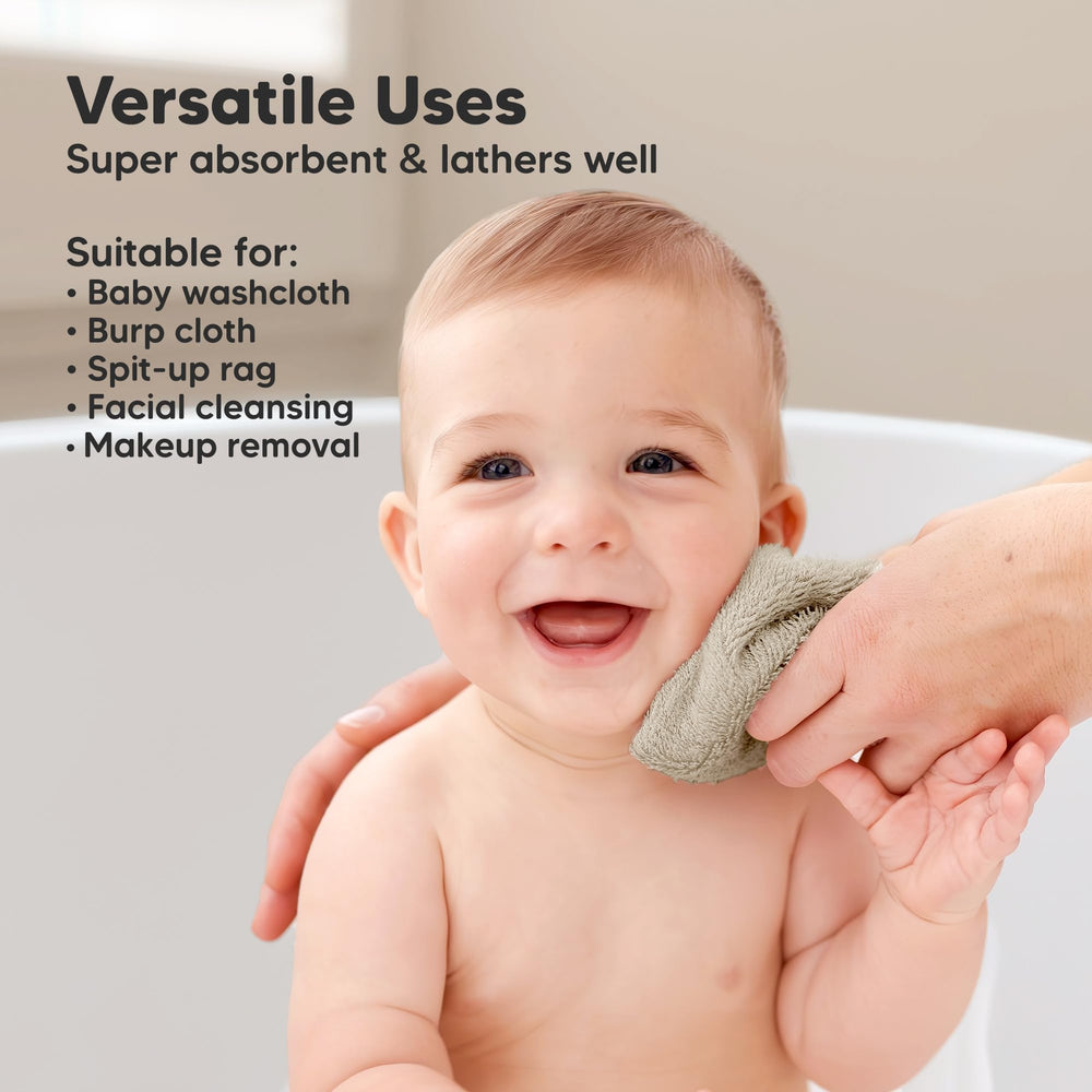KeaBabies khaki washcloths colorway shown in baby bath routine.