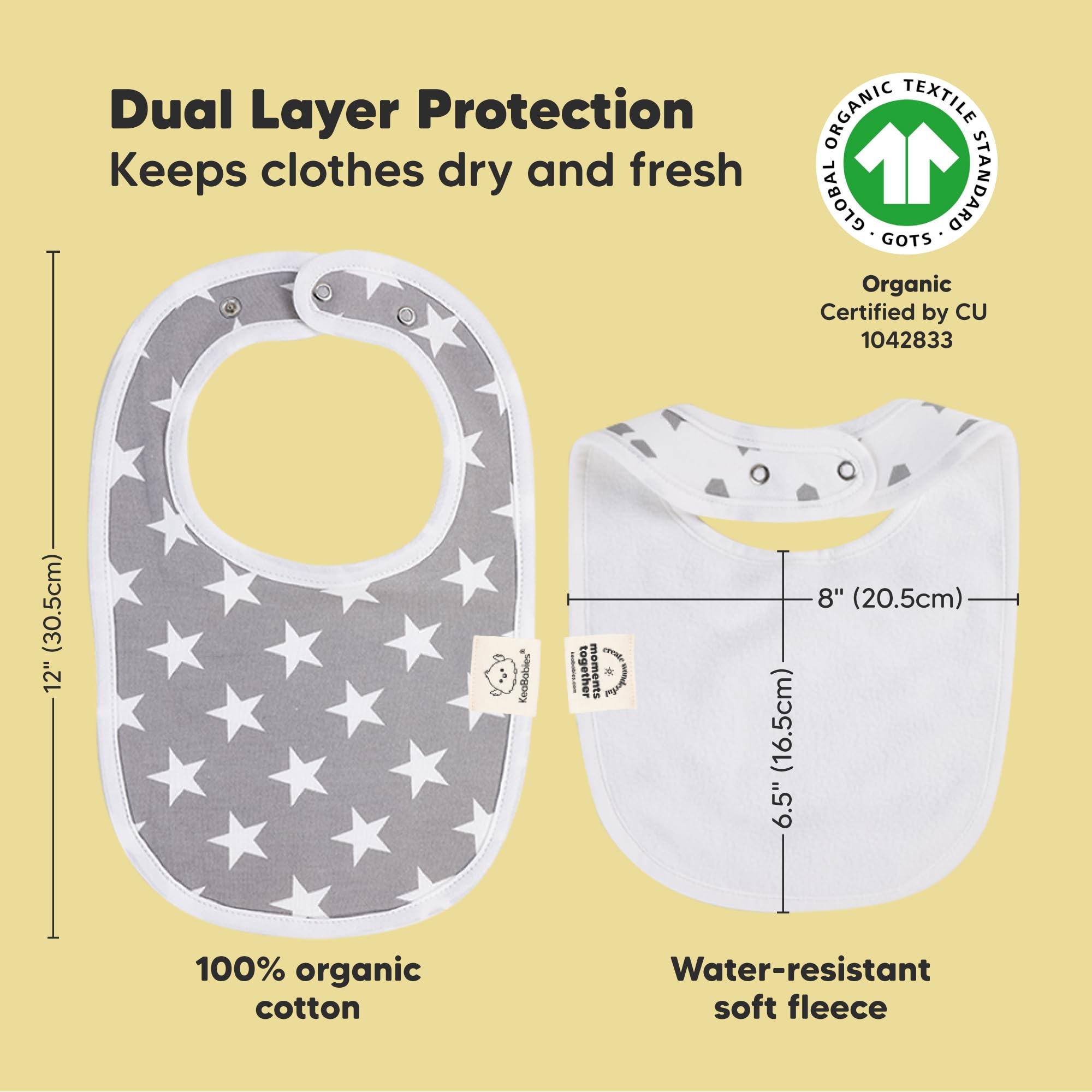KeaBabies large-coverage bib on baby chest showing full torso protection.