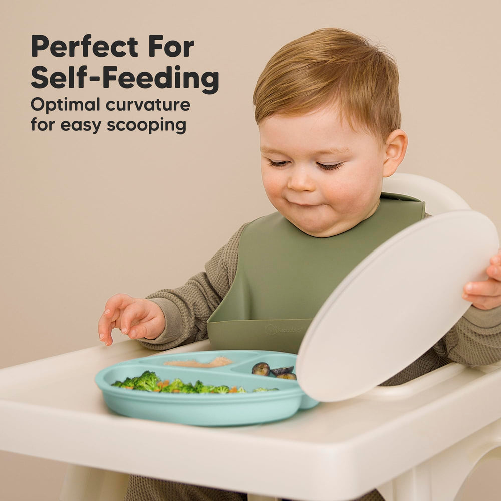 KeaBabies-lidded-suction-plate shown with leftovers for storage and reuse