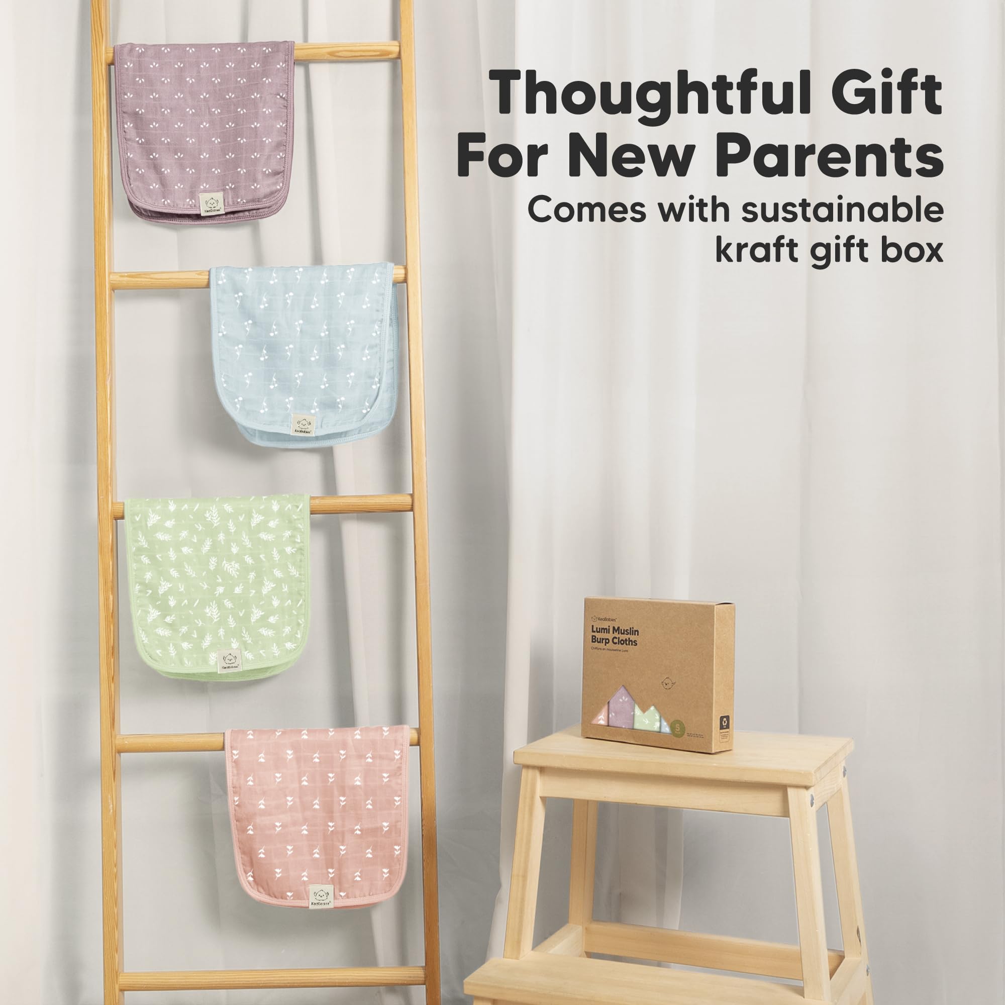 KeaBabies Lumi burp cloth in sustainable kraft gift box.