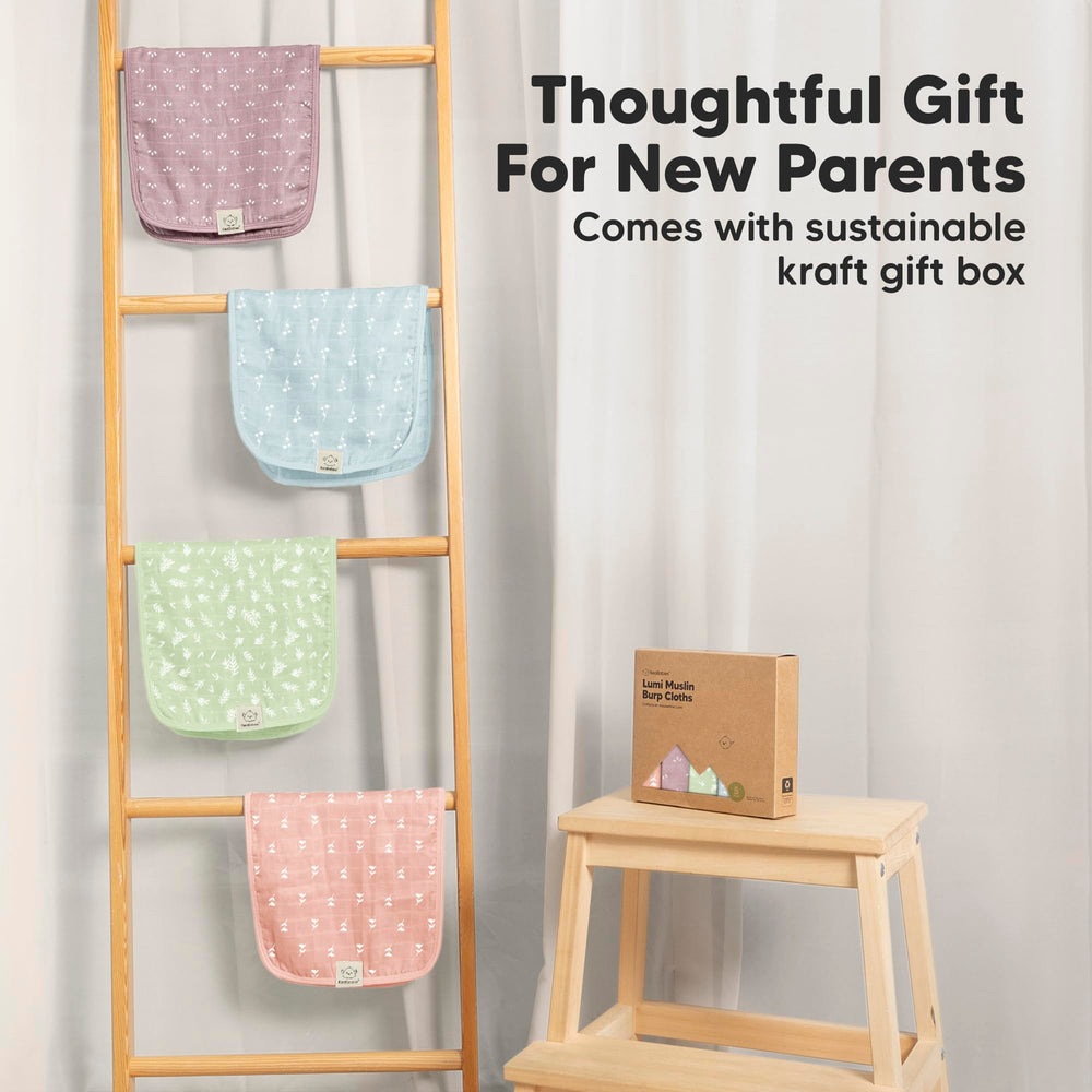KeaBabies Lumi burp cloth in sustainable kraft gift box.