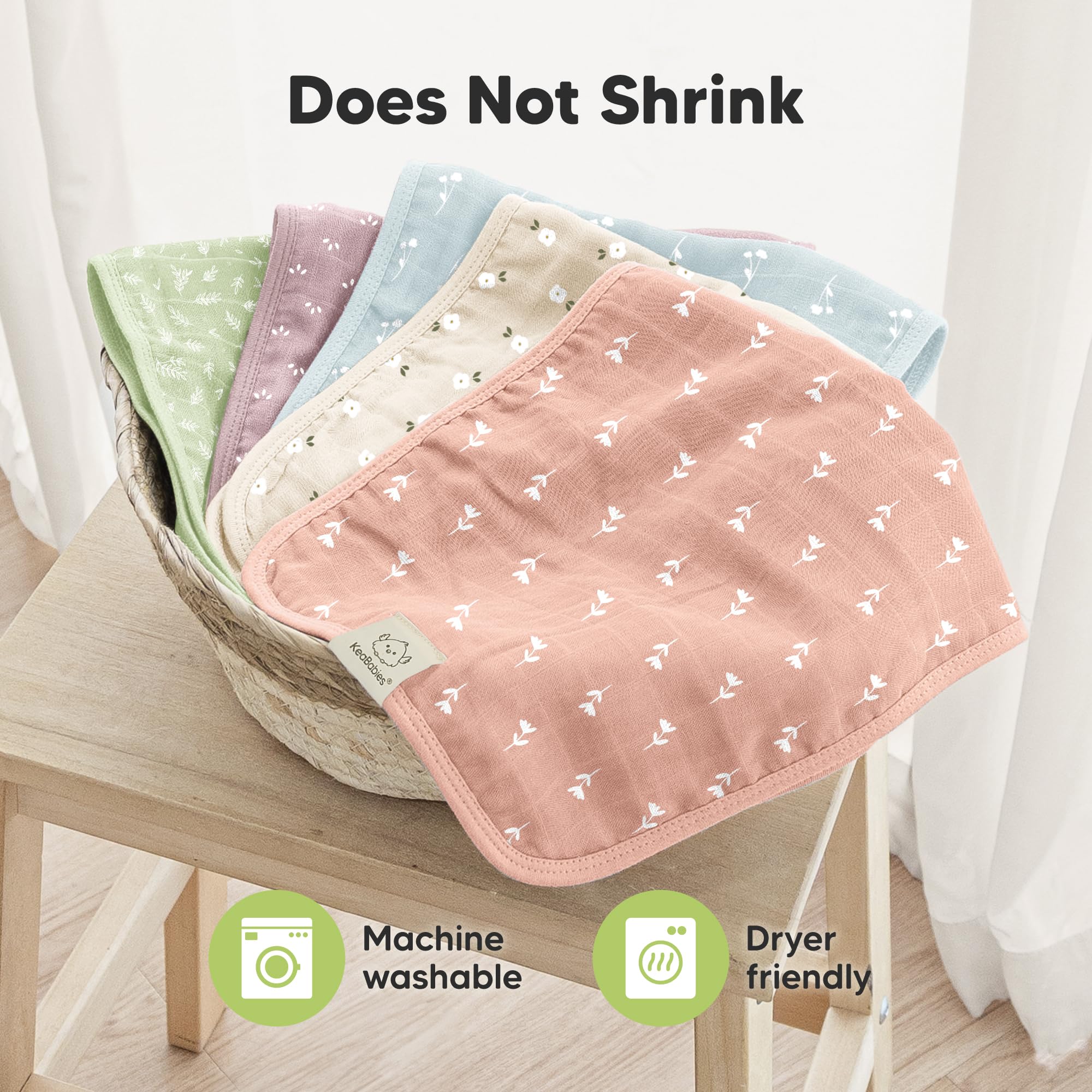 KeaBabies Lumi burp cloth machine washable and quick-dry-friendly care.