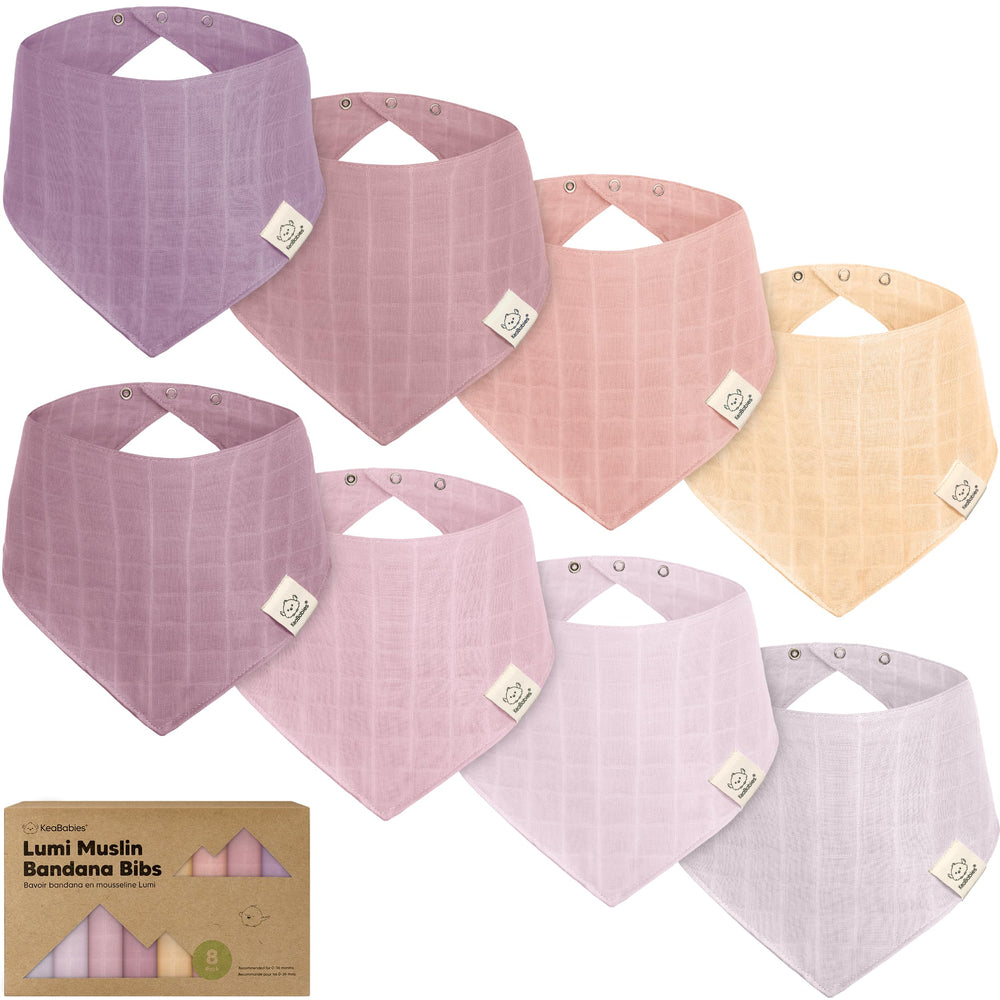 KeaBabies Lumi lavender muslin bib in bandana style shows ultra-soft fabric.