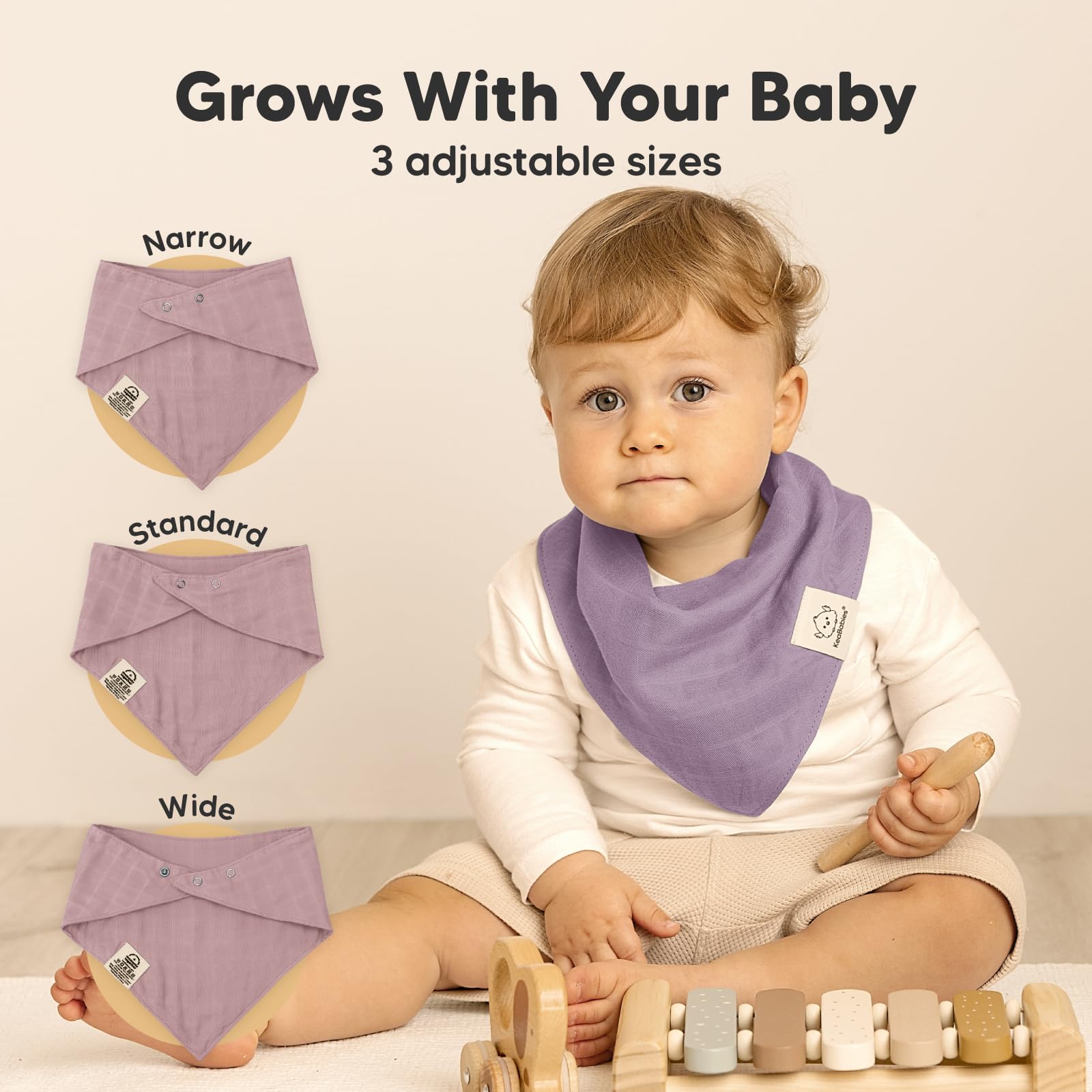 KeaBabies Lumi lavender muslin bib on baby during teething to manage drool.