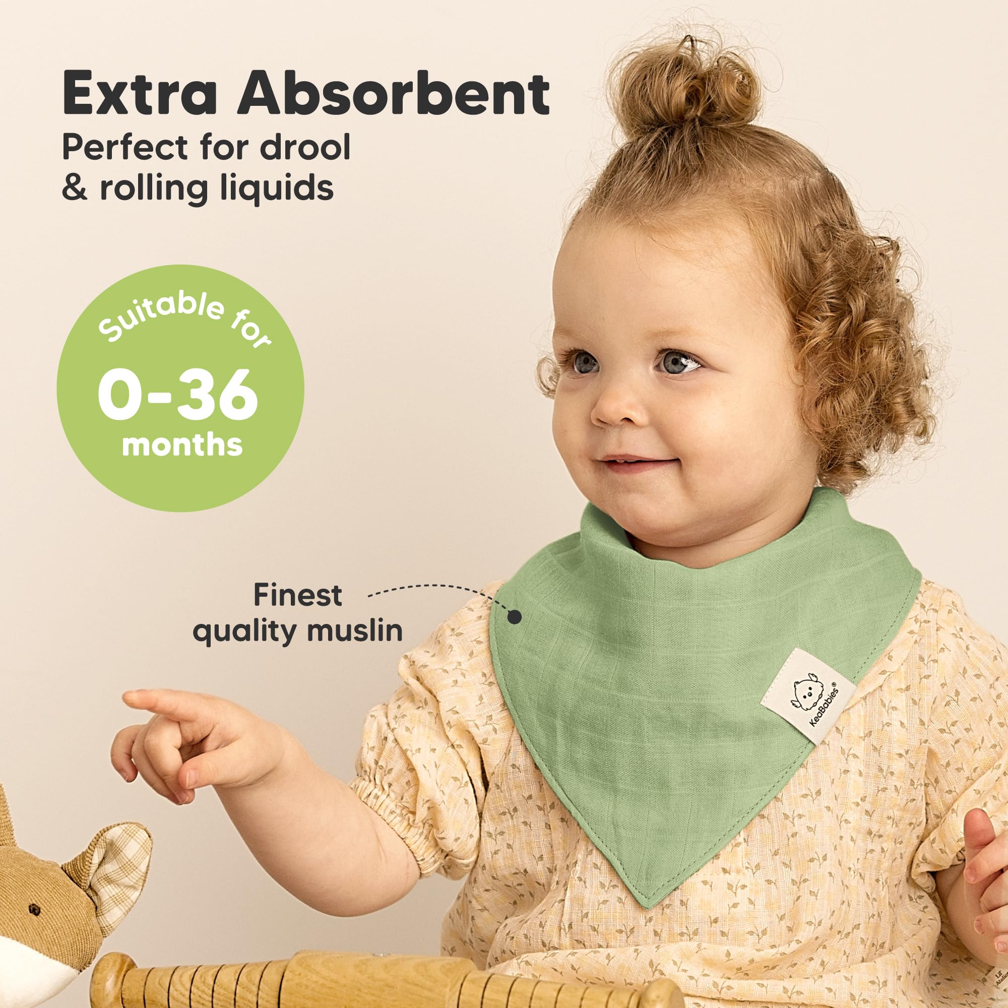 KeaBabies Lumi Muslin Bib demonstrates quick-drying, breathable fabric for teething drool