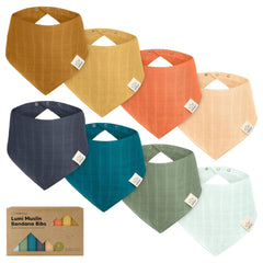 KeaBabies Lumi Muslin Bib triangle style on baby protecting clothes from drool