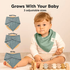 KeaBabies Lumi Muslin Bibs adjustable snaps closeup demonstrates growth from newborn to toddler.