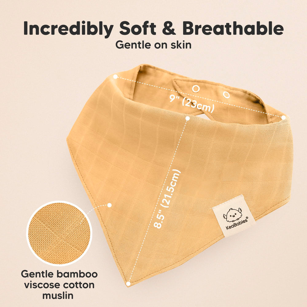 KeaBabies Lumi Muslin Bibs Sahara close-up, emphasizing moisture absorption during drool.