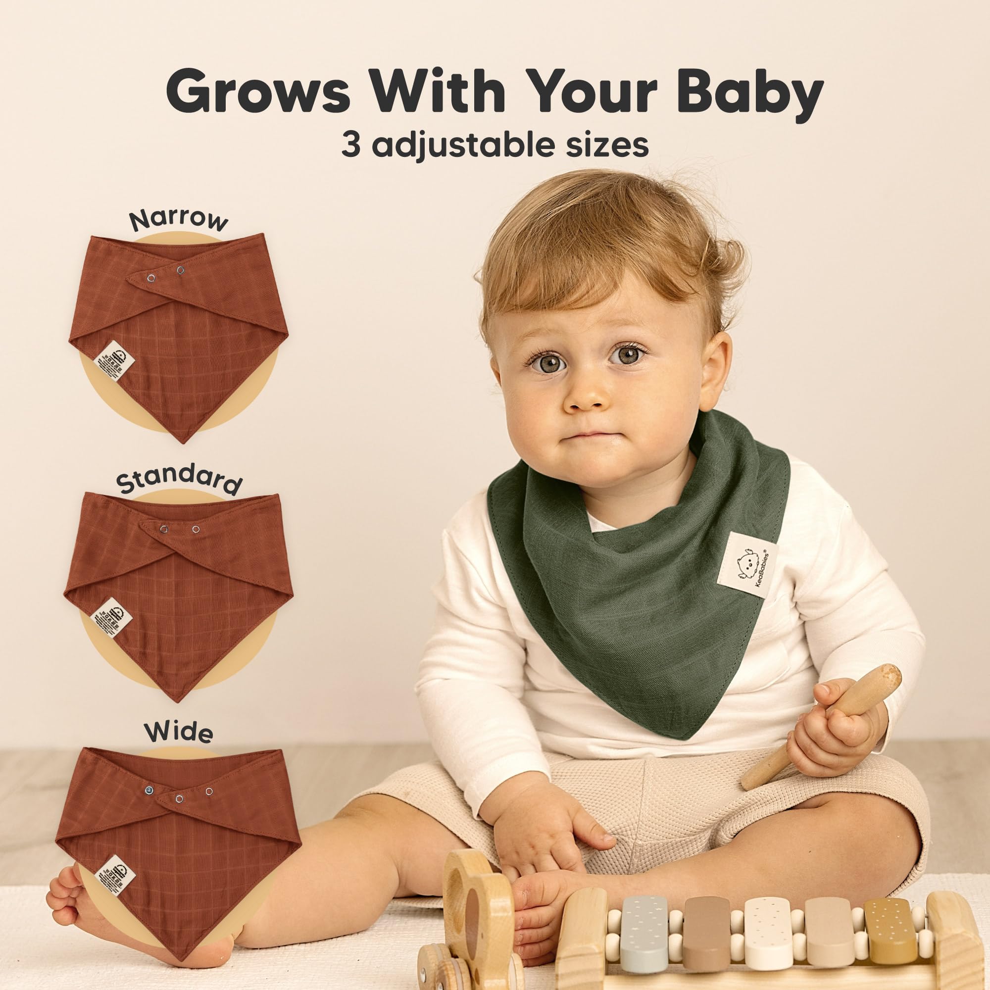 KeaBabies Lumi Muslin Bibs Sahara teething-friendly fit for growing babies.