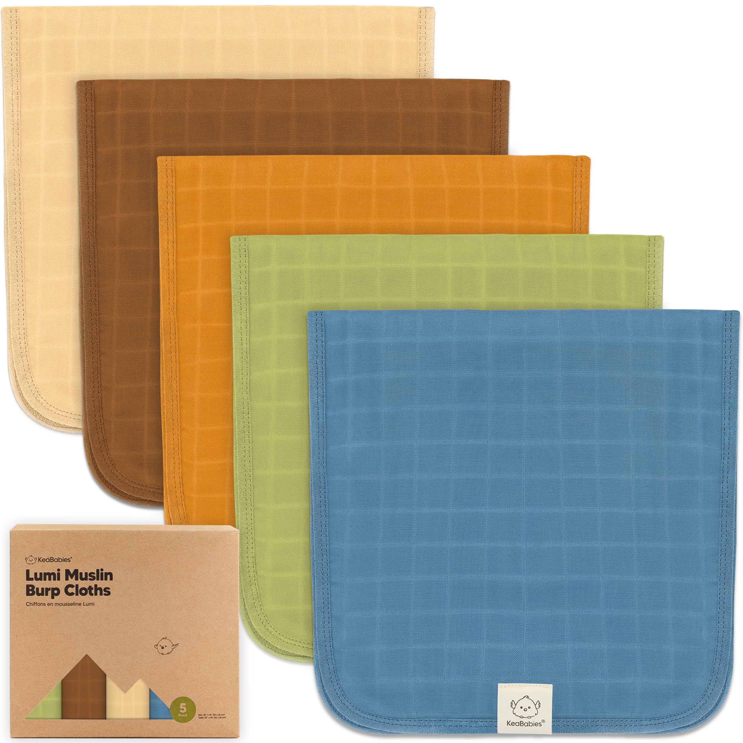 KeaBabies Lumi muslin burp cloth rolled for portable spill protection.