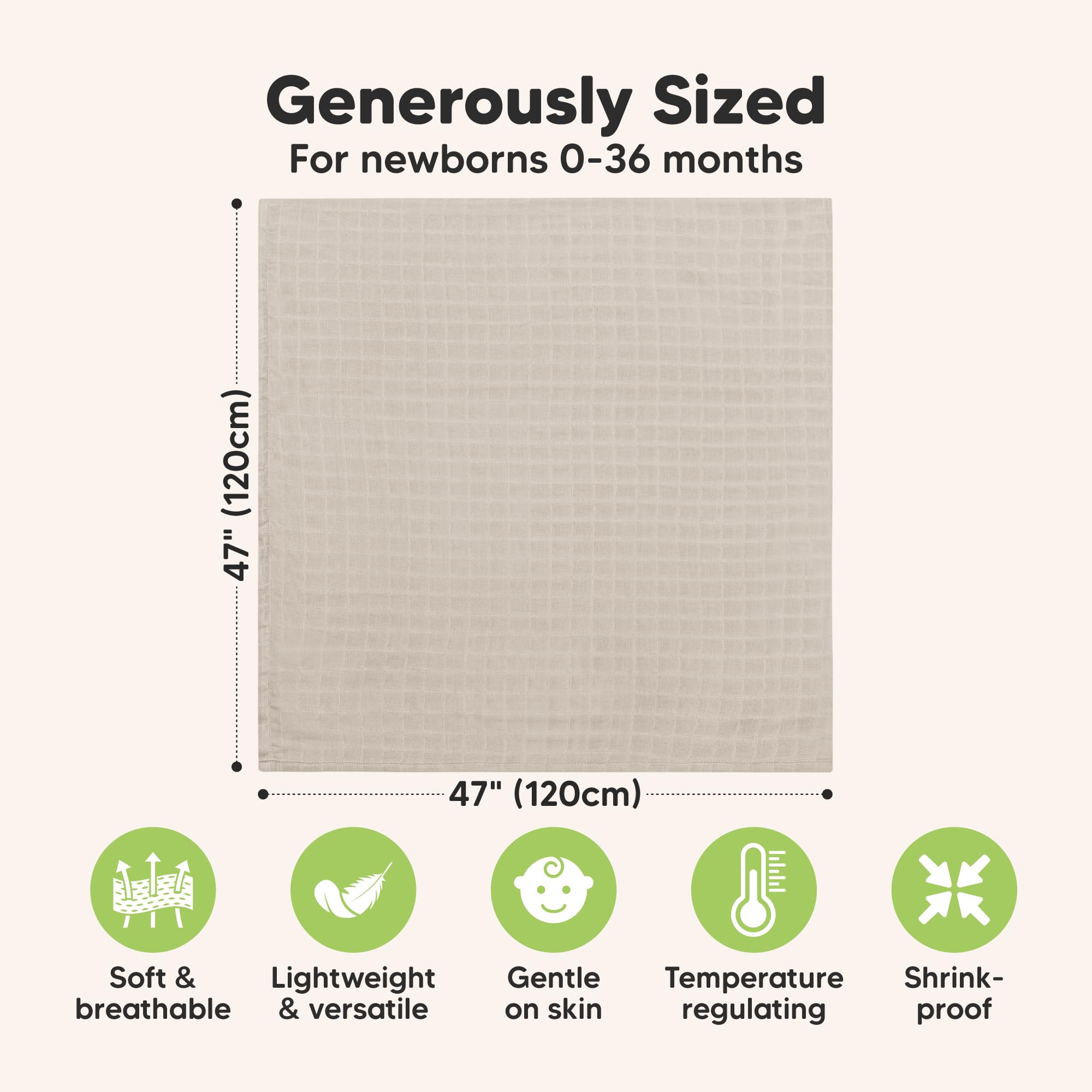 KeaBabies Lumi Muslin Swaddle Mirage — generous 47x47 size grows with baby.