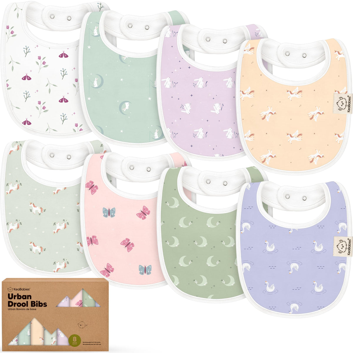 KeaBabies Lunaris 8-pack bibs side view shows versatile drool protection for daily messes.