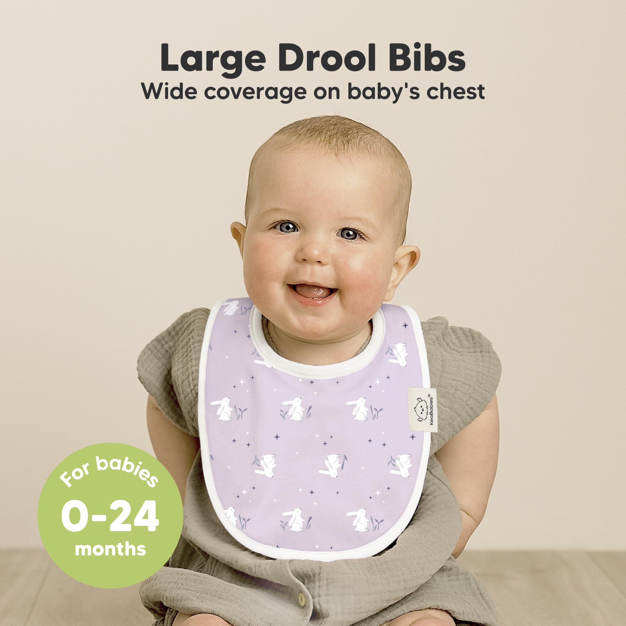KeaBabies Lunaris bib closeup highlights absorbent two-layer construction for drool.