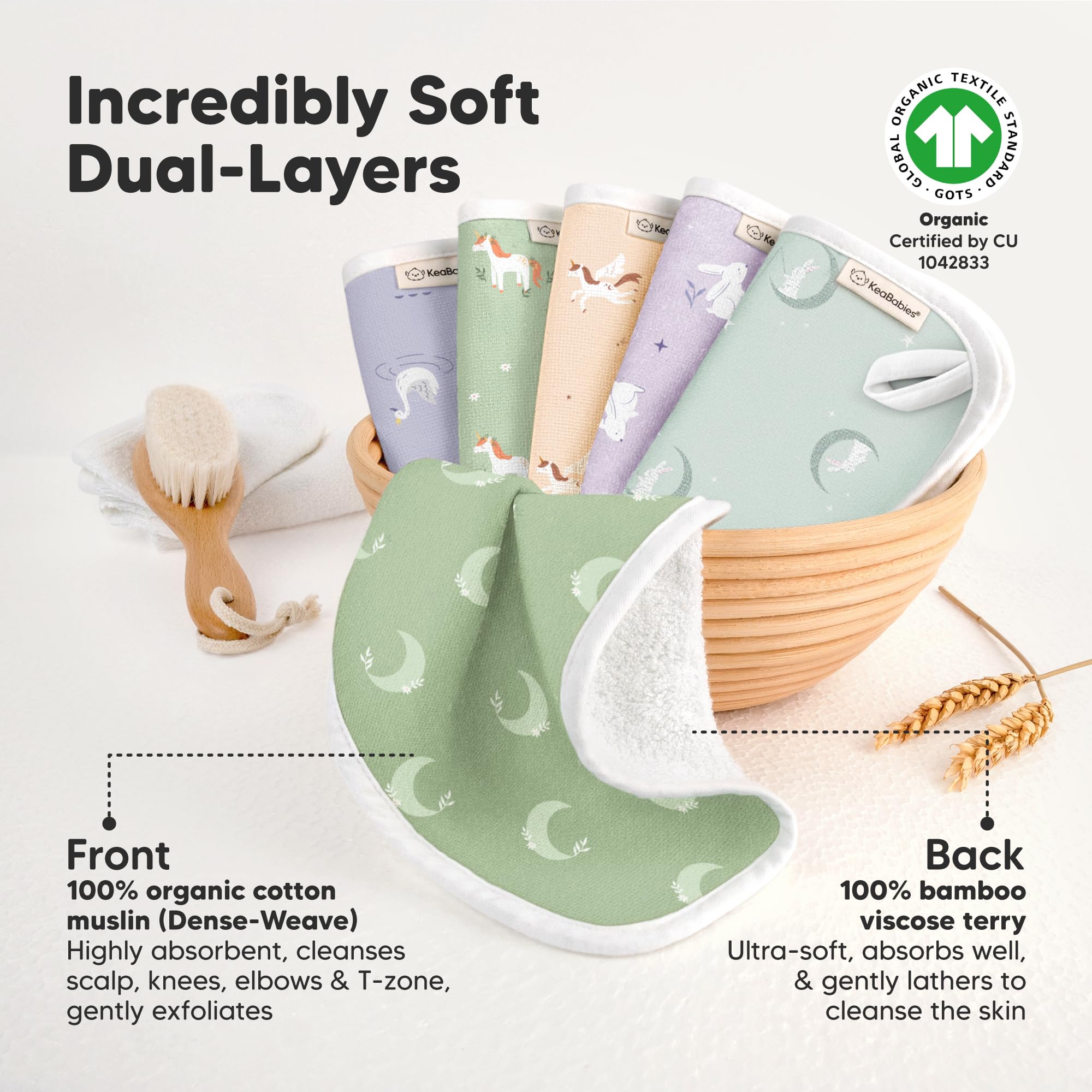 KeaBabies Lunaris dual-layer texture shows absorbent design for bath time