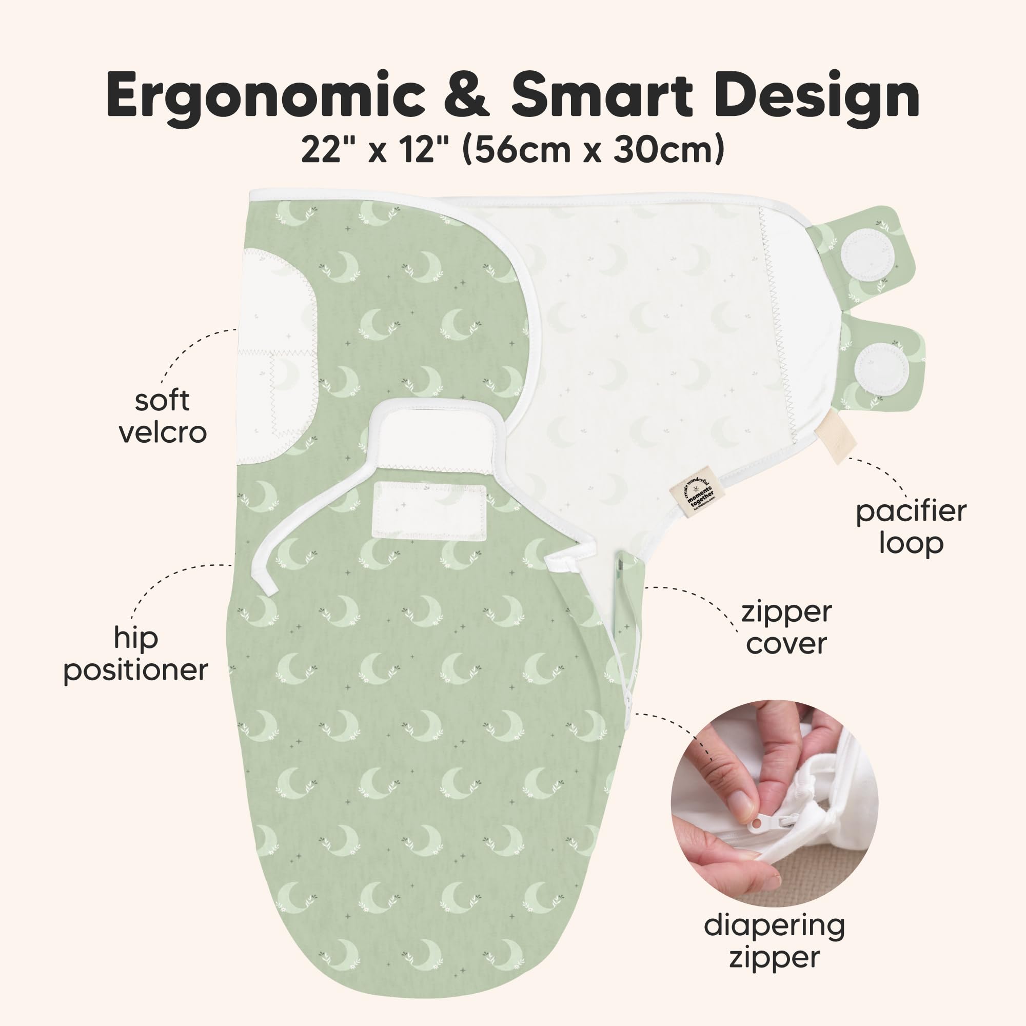 KeaBabies Lunaris swaddle breathable fabric highlights temperature regulation for year-round comfort.