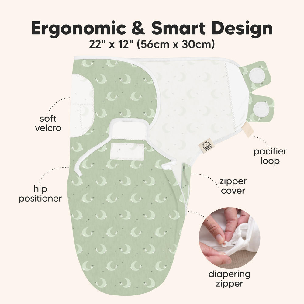 KeaBabies Lunaris swaddle breathable fabric highlights temperature regulation for year-round comfort.