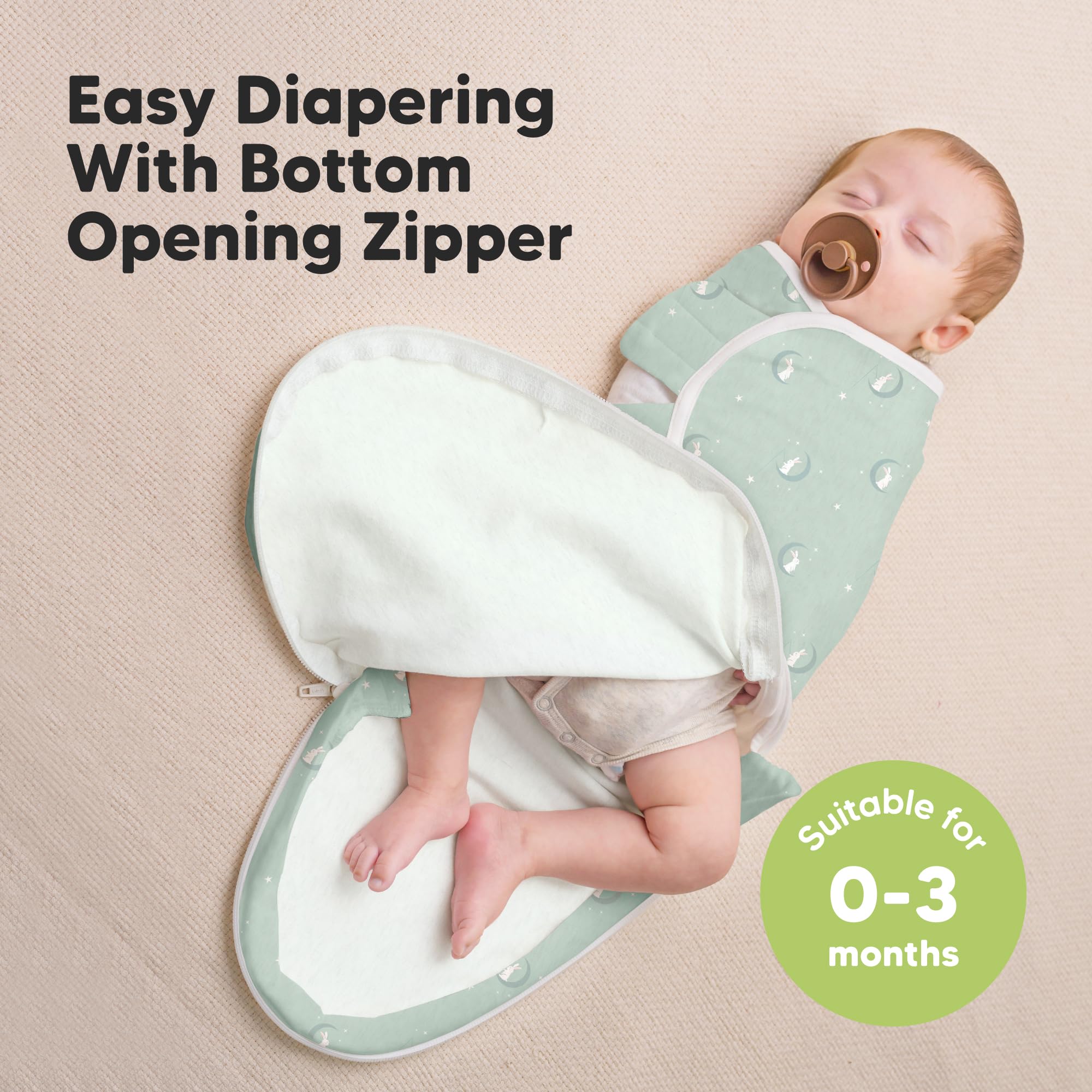 KeaBabies Lunaris swaddle-hooded sleep sack demonstrates ergonomic fit for newborns.