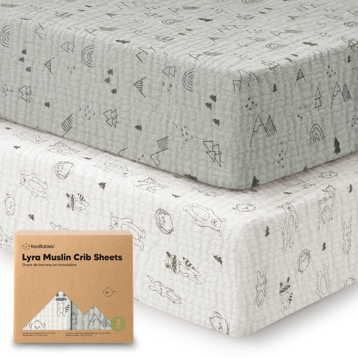 KeaBabies Lyra crib sheets 2-pack neatly fitted for a secure, soft standard crib.