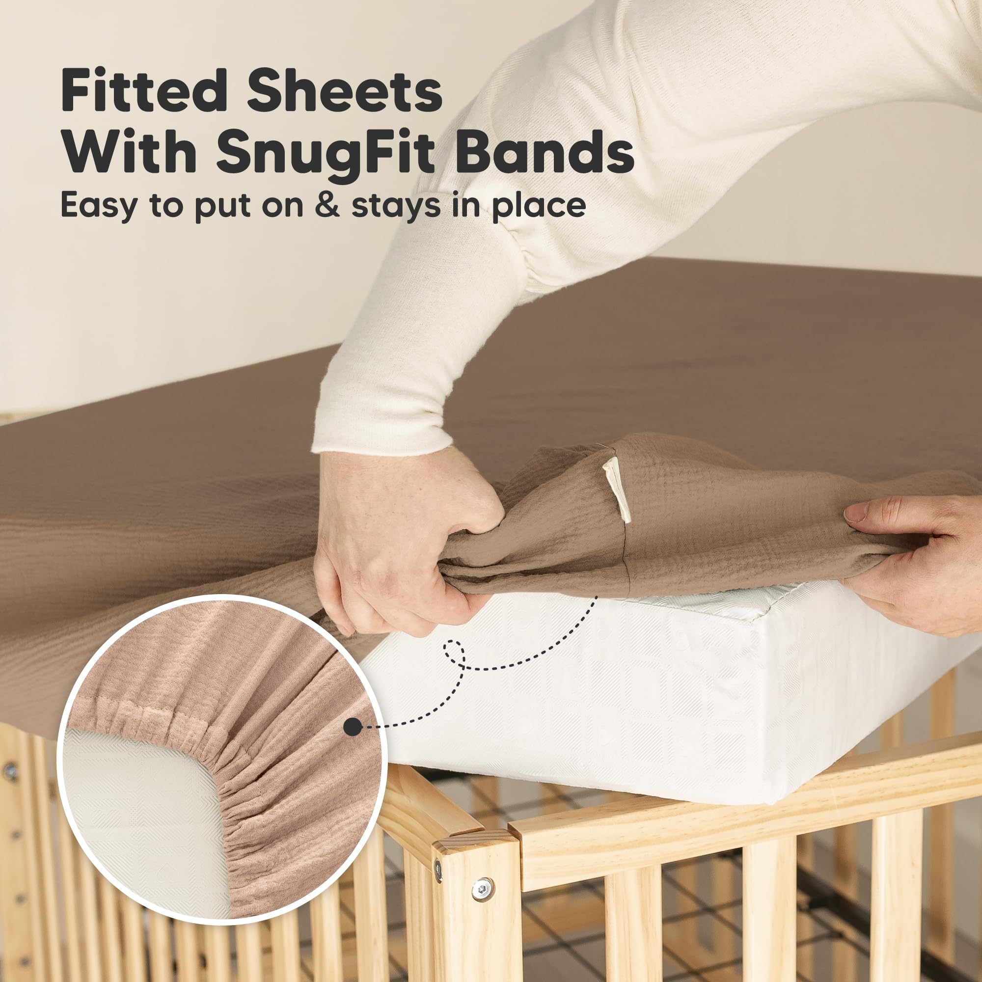KeaBabies Lyra sheets labeled 52x28 dimensions for crib compatibility