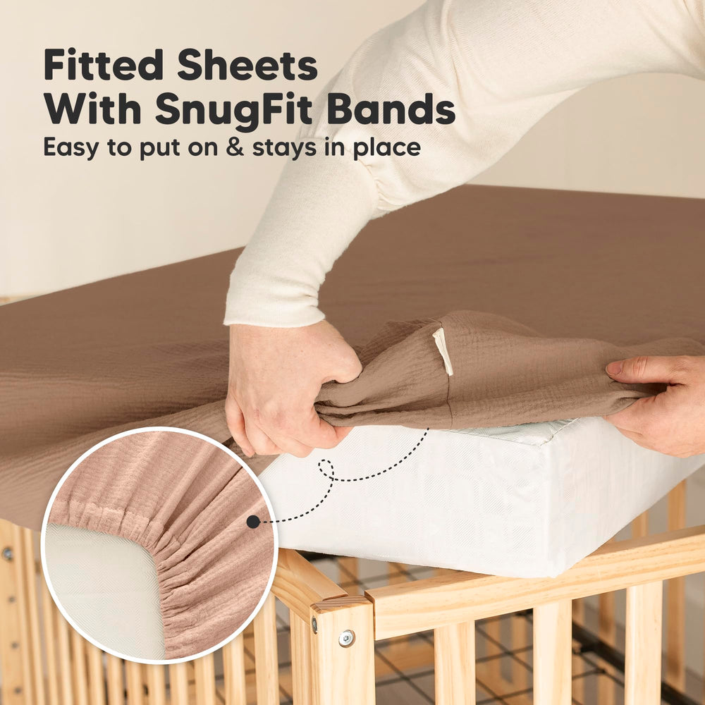 KeaBabies Lyra sheets labeled 52x28 dimensions for crib compatibility