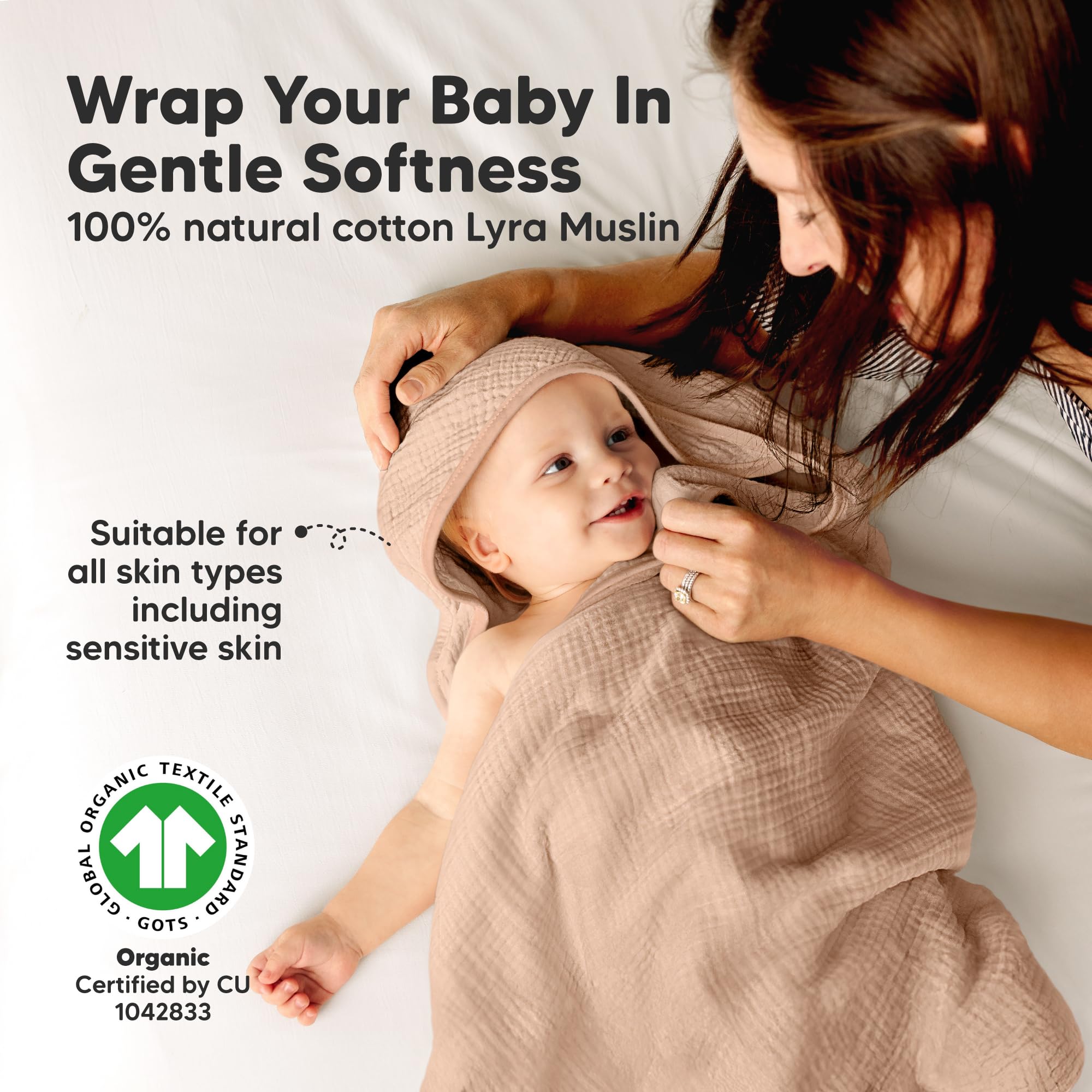 KeaBabies Lyra Muslin Hooded Towel Almond Petite 30x30, growth-ready for newborns to toddlers.