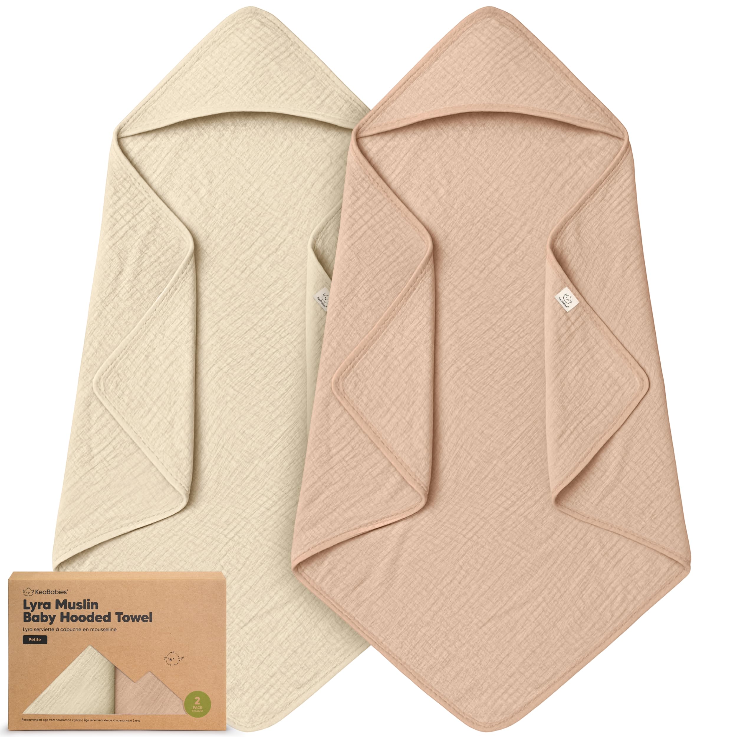 KeaBabies Lyra Muslin Hooded Towel Almond, regular 35x35, soft breathable newborn comfort.