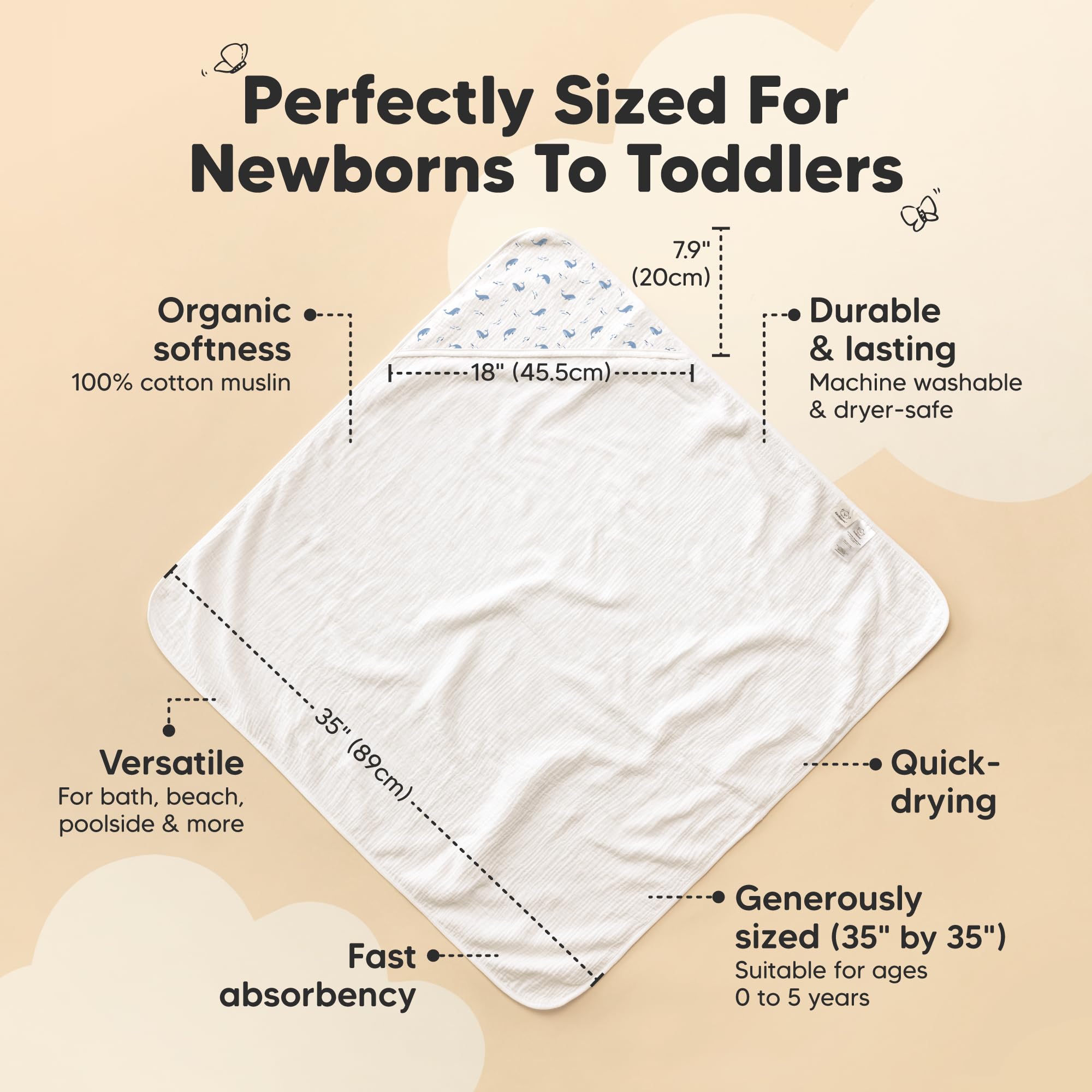 KeaBabies Lyra hooded towel 4-layer absorbent muslin dries baby quickly after bath