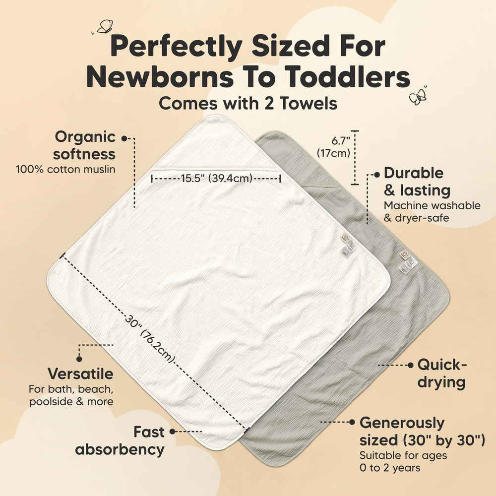 KeaBabies Lyra Muslin Hooded Towel graphite flat lay showcases compact bath time kit.