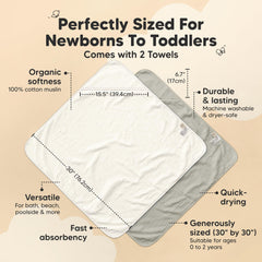 KeaBabies Lyra Muslin Hooded Towel graphite flat lay showcases compact bath time kit.