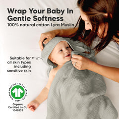KeaBabies Lyra Muslin Hooded Towel graphite hood detail highlights gentle skin comfort.