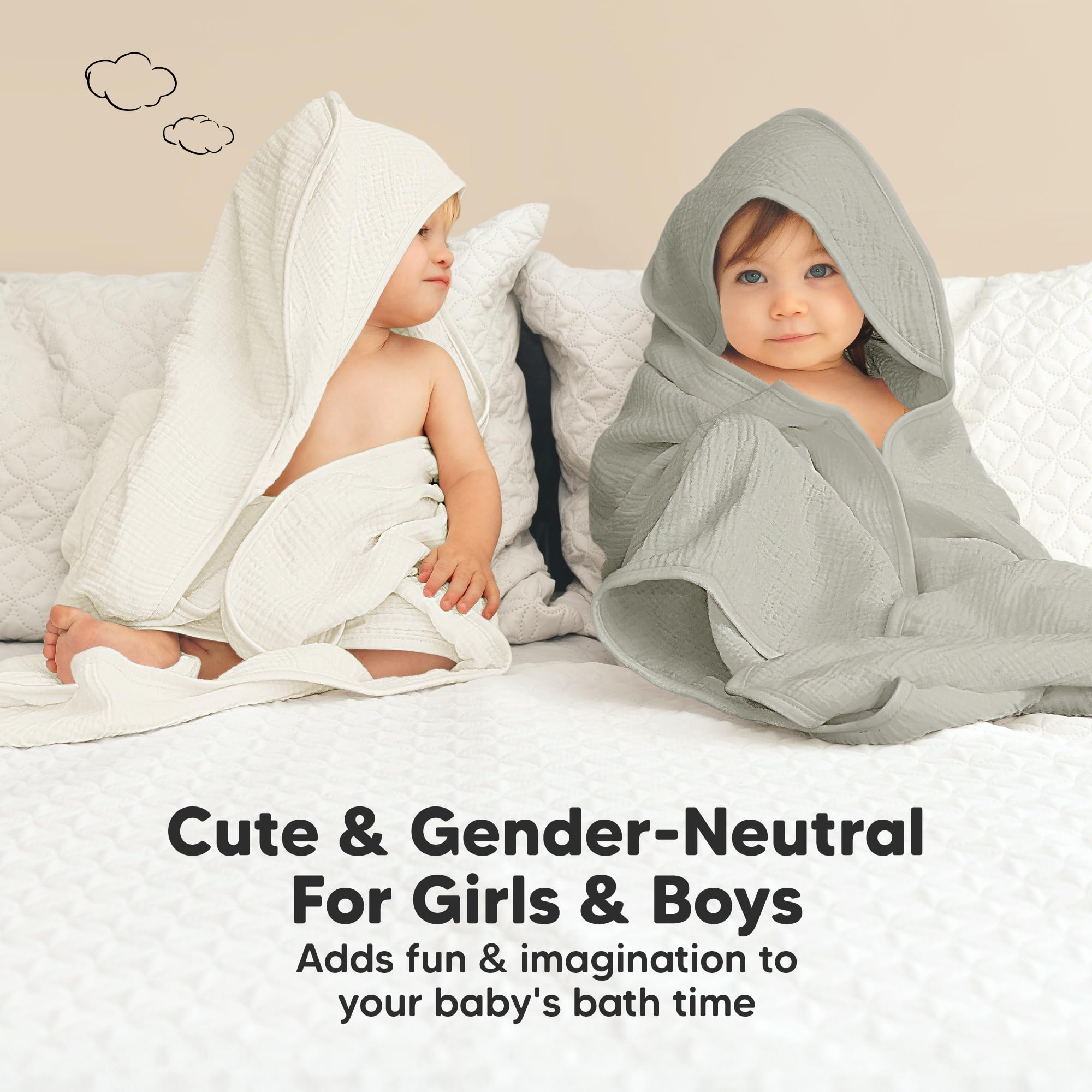 KeaBabies Lyra Muslin Hooded Towel graphite in-use with baby offers cozy bath routine.