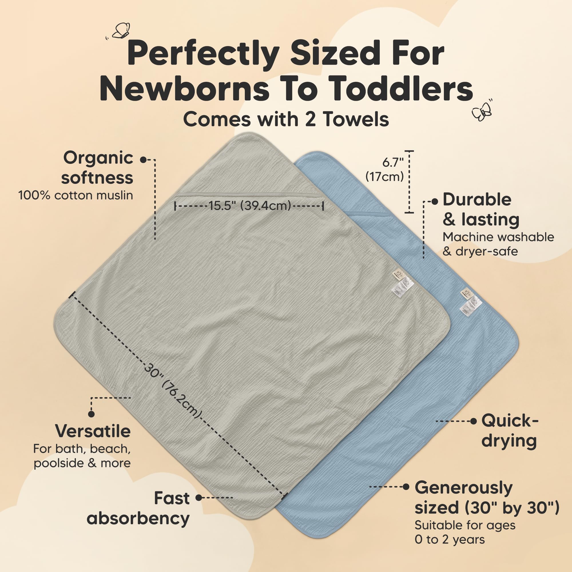 KeaBabies Lyra muslin hooded towel on baby, four-layer absorbency for quick post-bath dry.