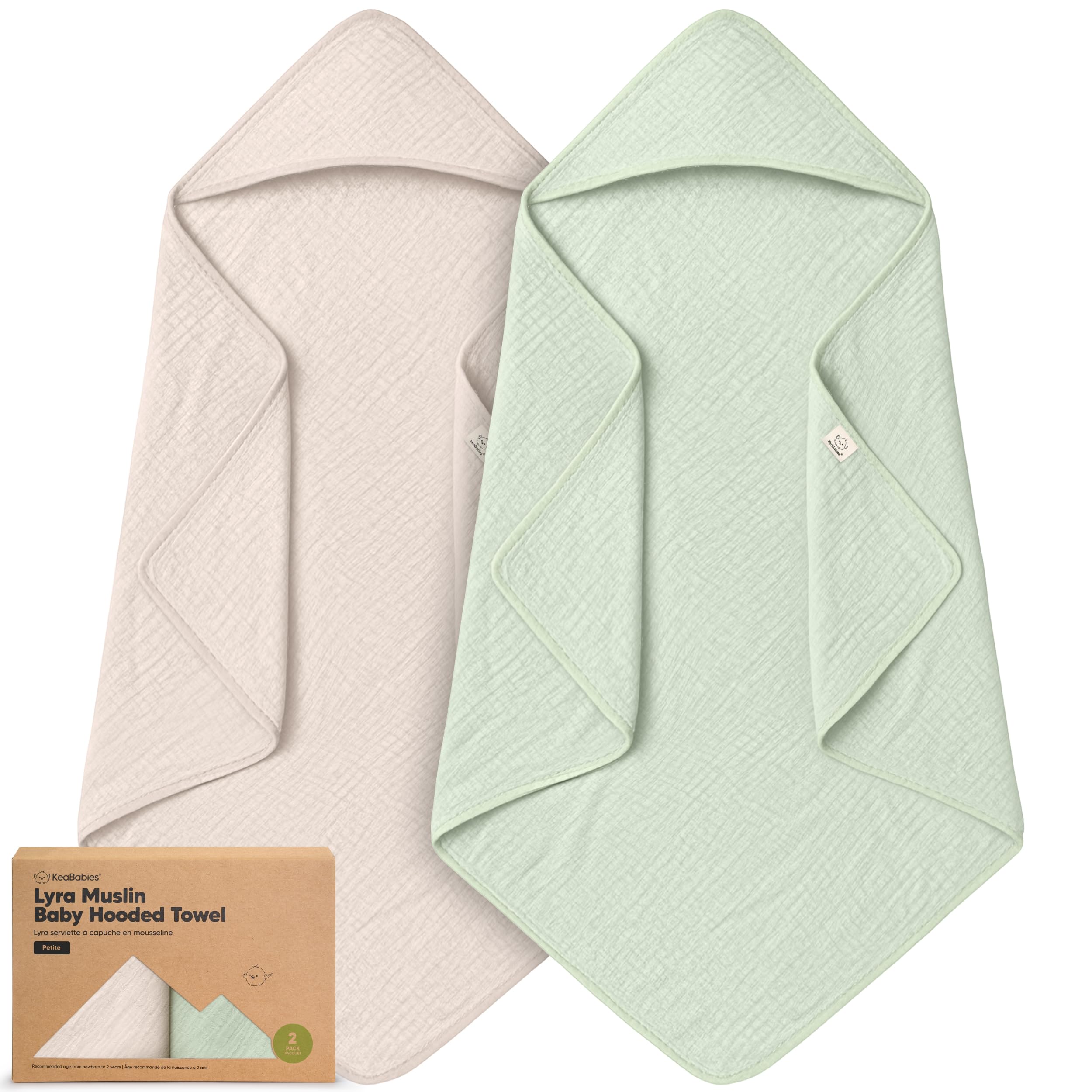 KeaBabies Lyra muslin hooded towel in Sage, front view, soft absorbent baby bath essential.