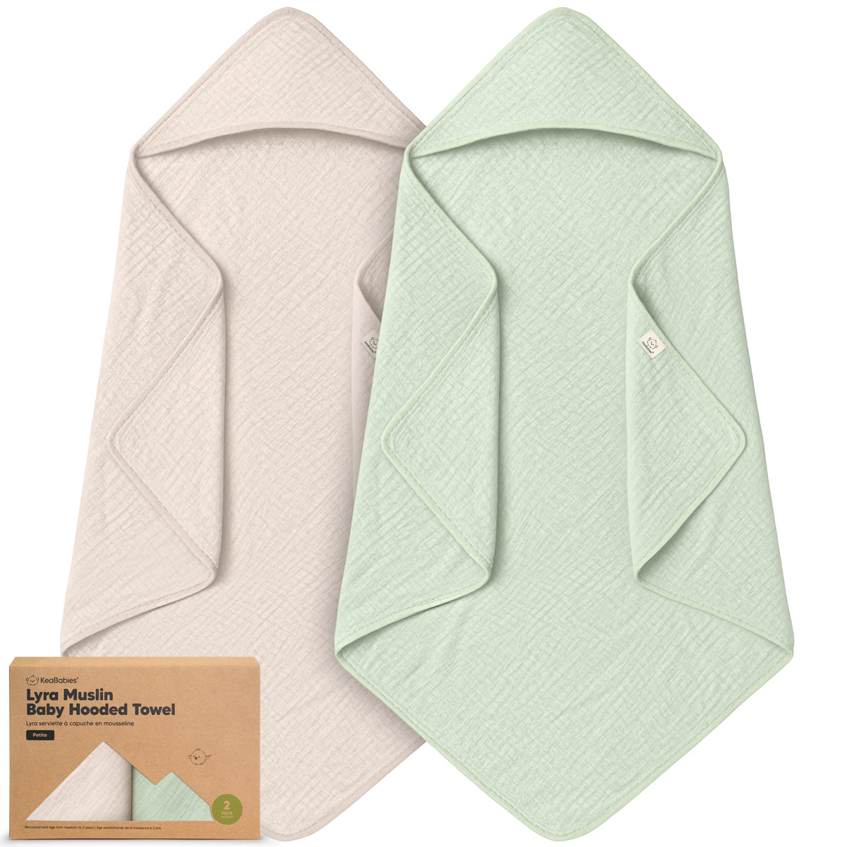 KeaBabies Lyra muslin hooded towel in Sage, front view, soft absorbent baby bath essential.
