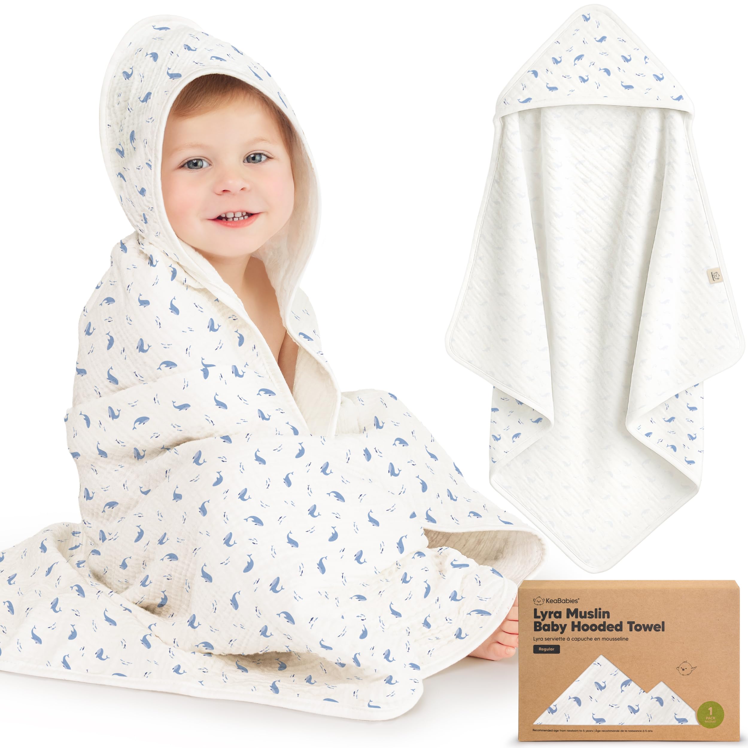 KeaBabies Lyra hooded towel Whale Bay regular size, soft organic cotton for gentle newborn drying