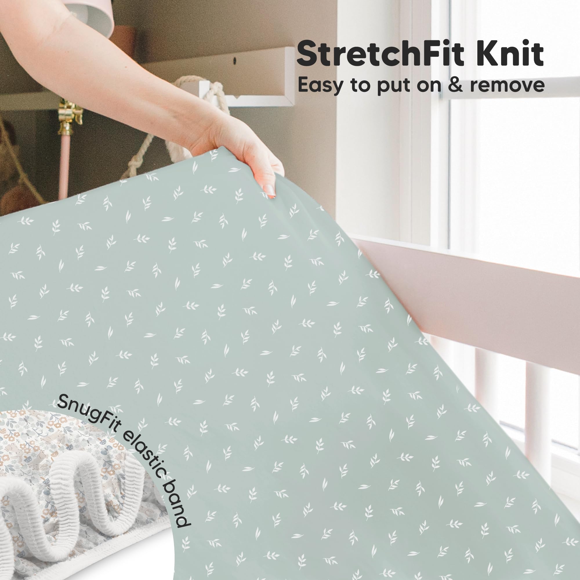 KeaBabies machine-washable crib sheet care image highlights easy cold/dryer friendly maintenance.