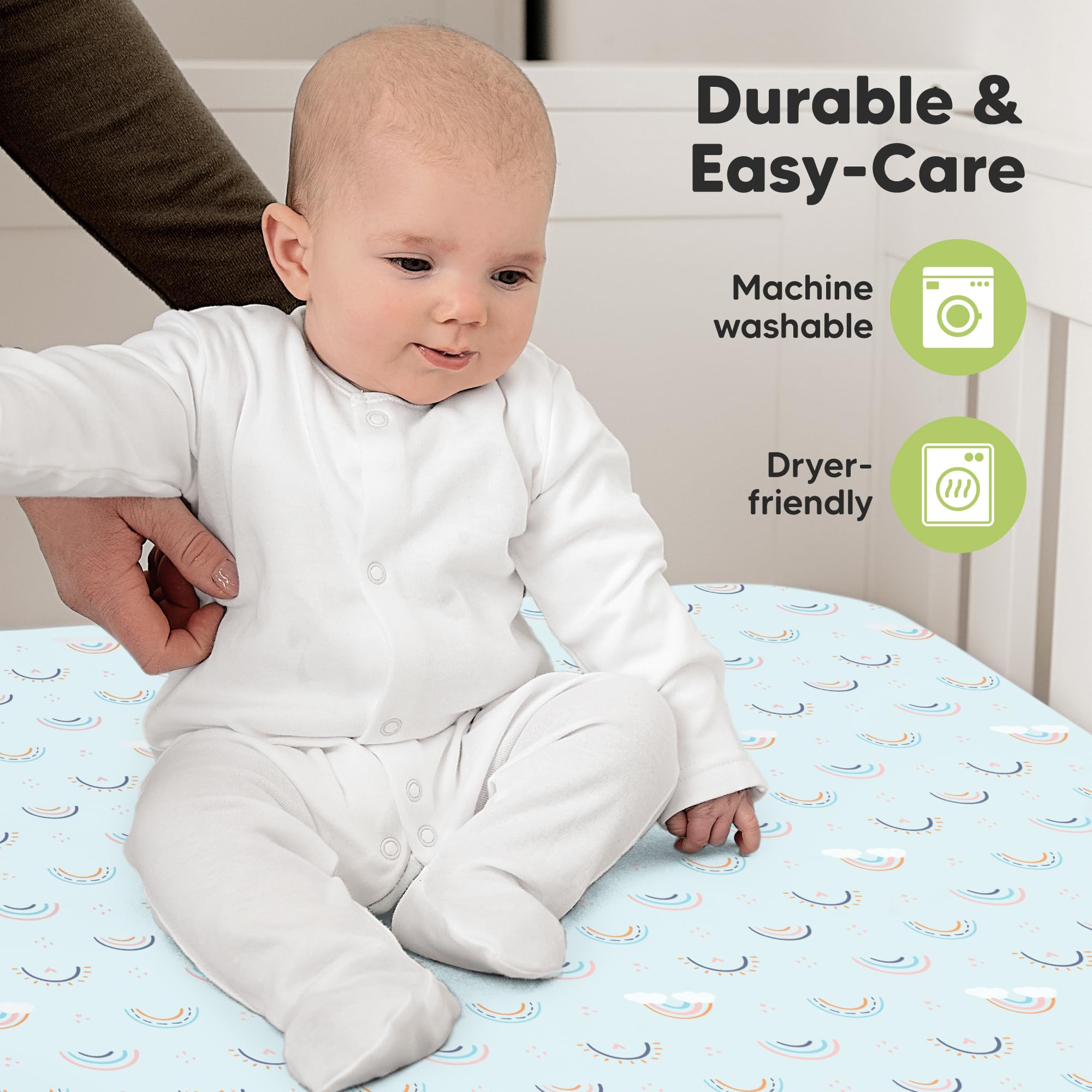 KeaBabies machine-wash dryer-friendly feature shown on care-friendly fabrics